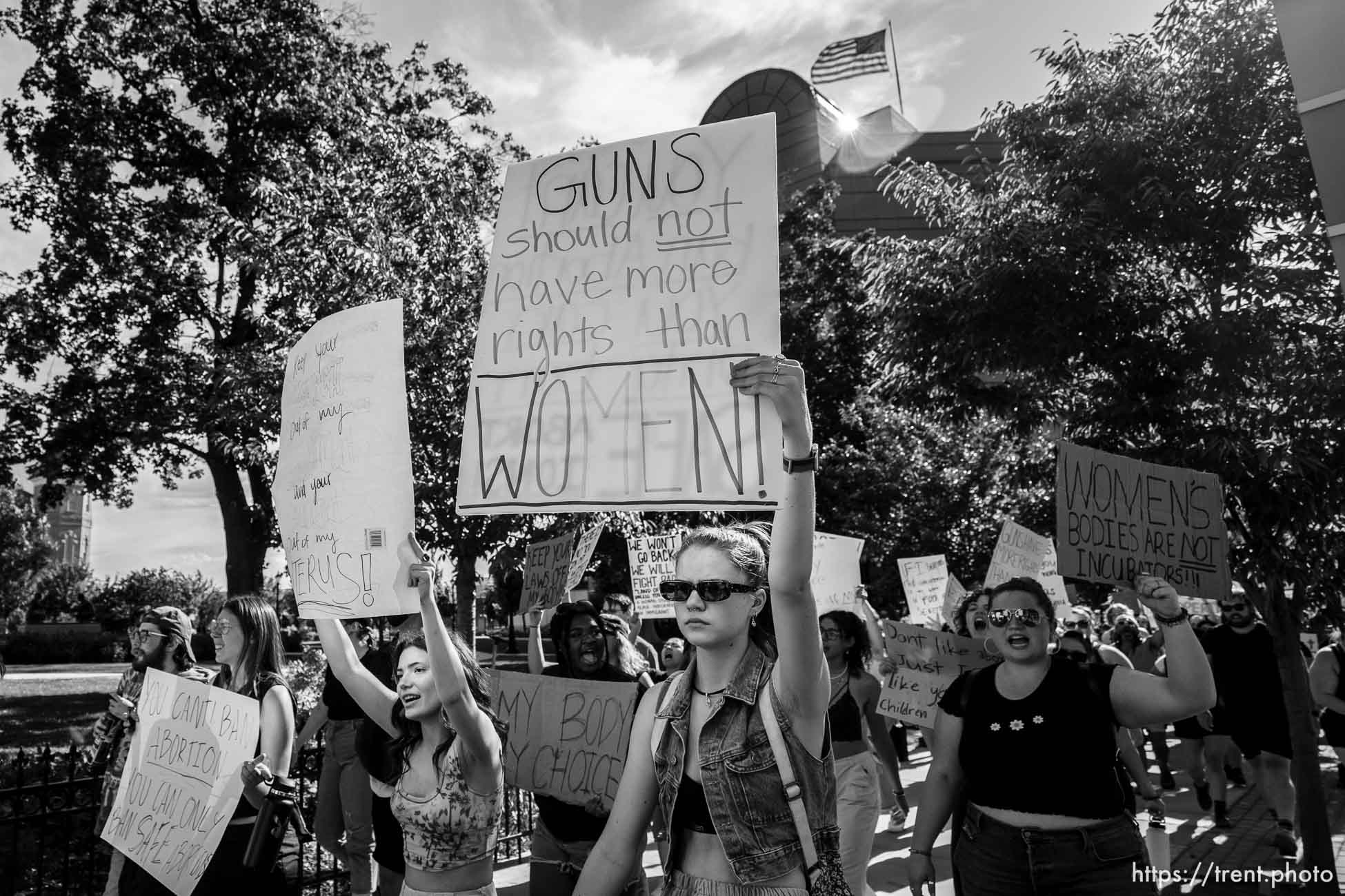 (Trent Nelson  |  The Salt Lake Tribune) People march through downtown Provo, protesting after the U.S. Supreme Court overruled Roe v. Wade, on Saturday, June 25, 2022.