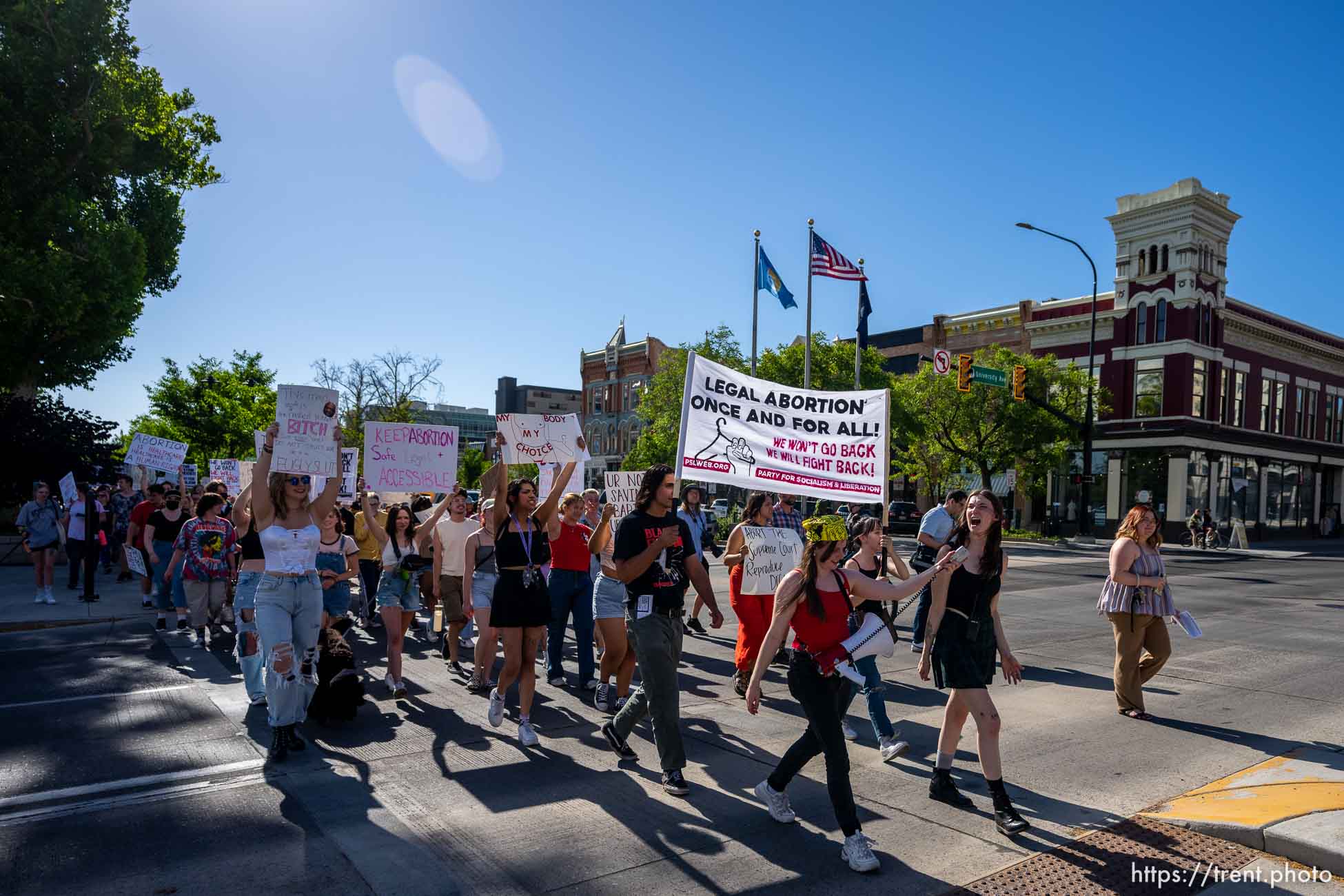 (Trent Nelson  |  The Salt Lake Tribune) People protest in Provo after the U.S. Supreme Court overruled Roe v. Wade, on Saturday, June 25, 2022.