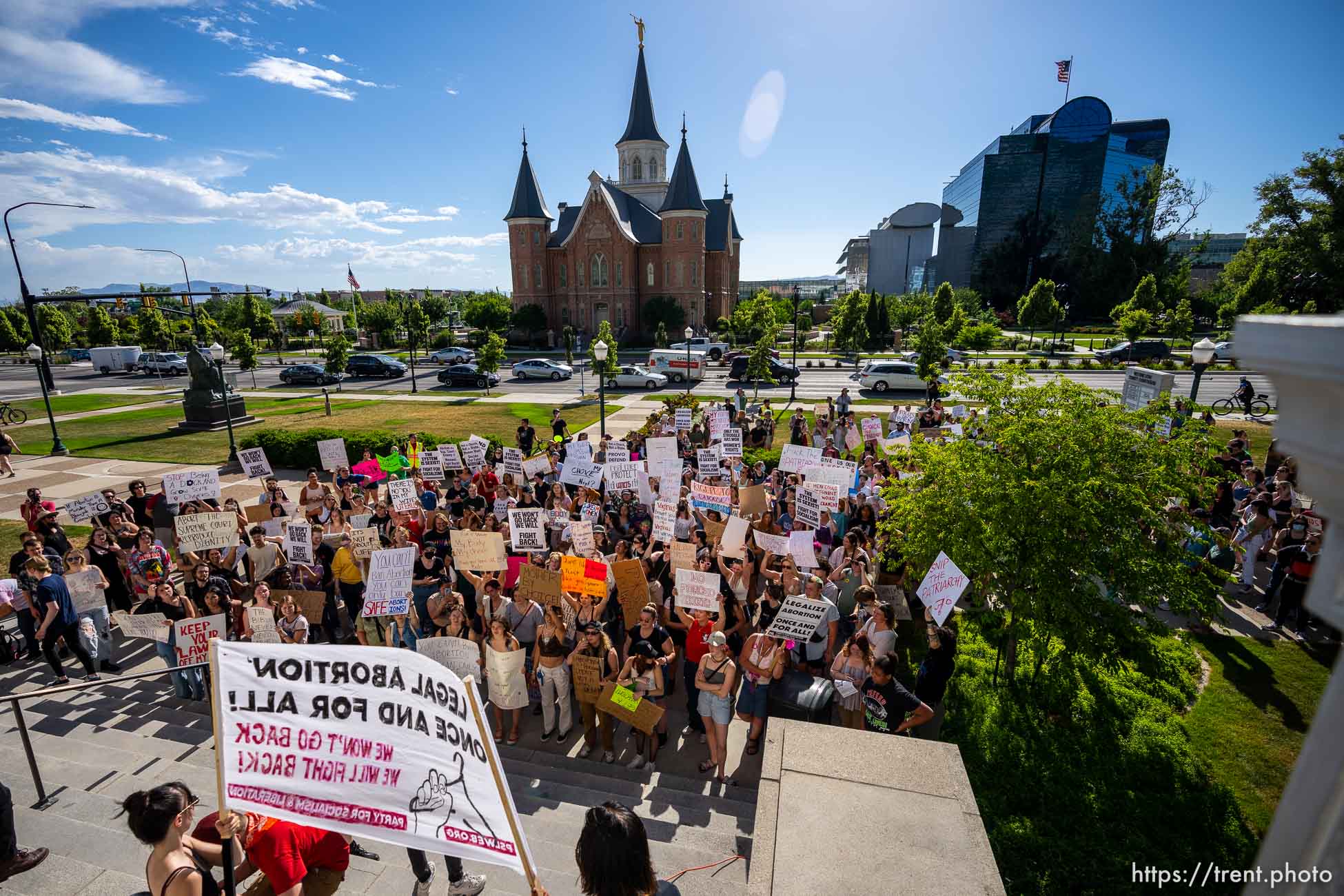 (Trent Nelson  |  The Salt Lake Tribune) People gather at the historic county courthouse in Provo, protesting after the U.S. Supreme Court overruled Roe v. Wade, on Saturday, June 25, 2022.