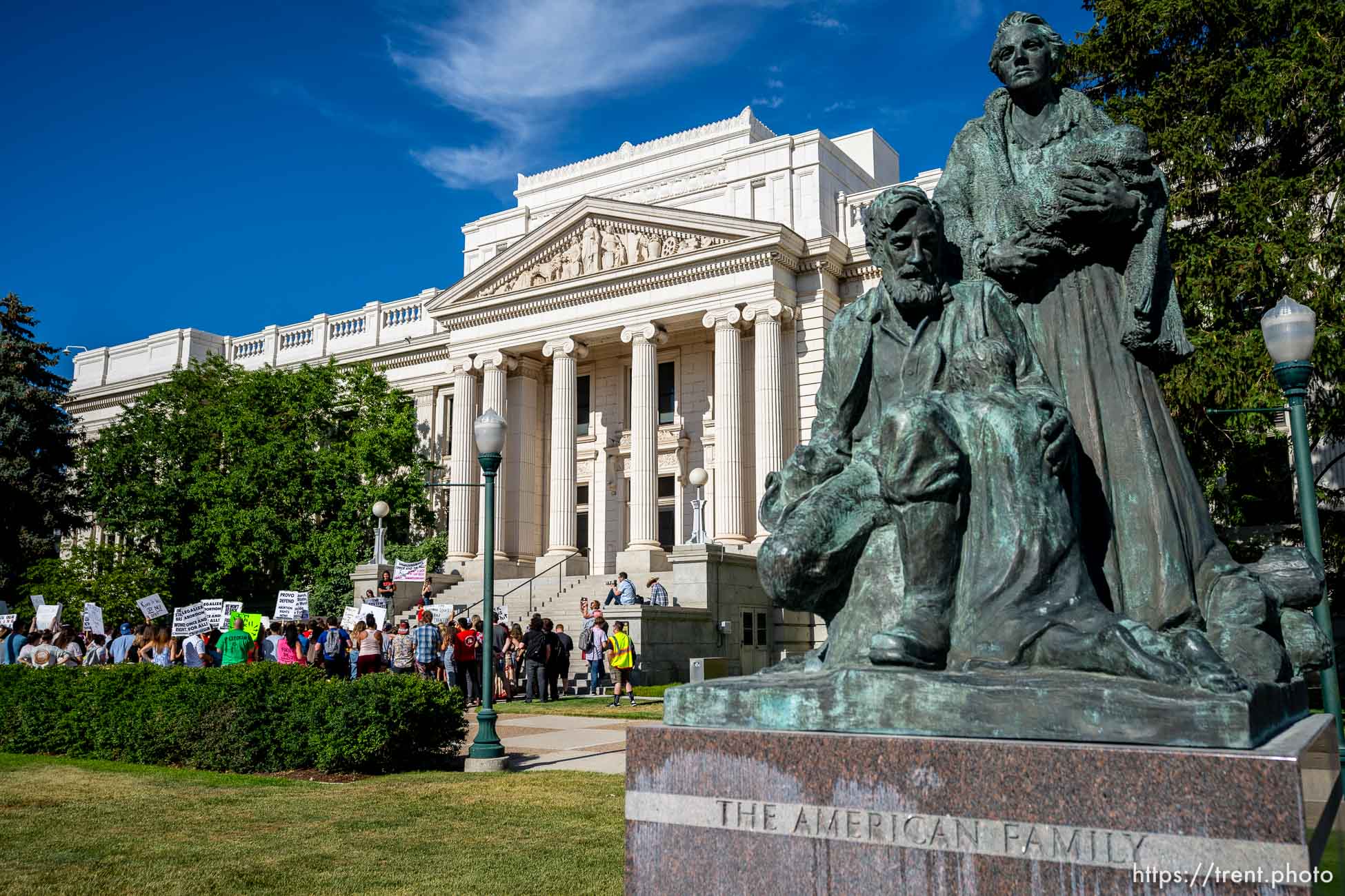 (Trent Nelson  |  The Salt Lake Tribune) People gather at the historic county courthouse in Provo, protesting after the U.S. Supreme Court overruled Roe v. Wade, on Saturday, June 25, 2022.