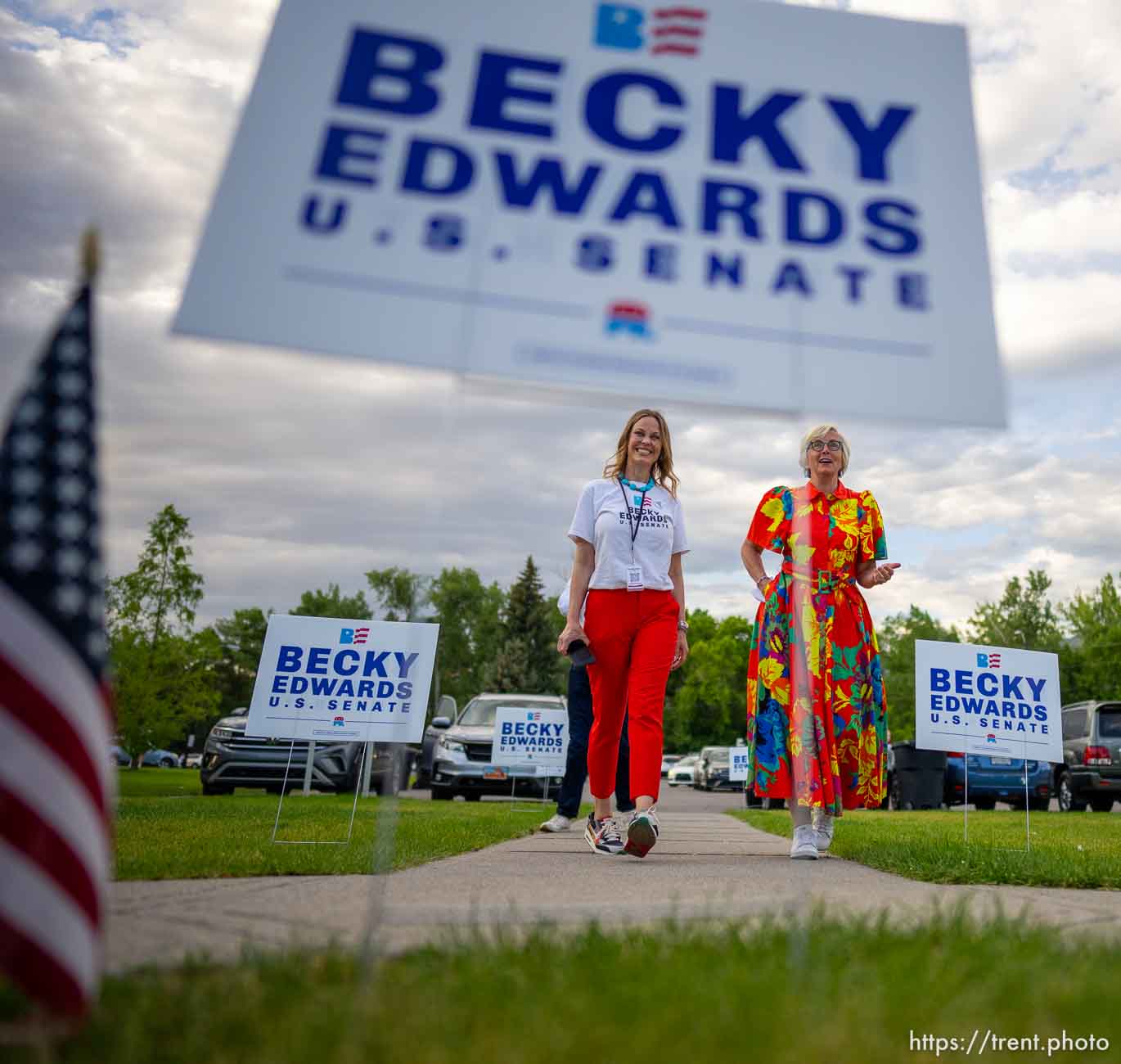 (Trent Nelson  |  The Salt Lake Tribune) Republican U.S. Senate candidate Becky Edwards arrives at her primary election night party in Salt Lake City's Sugar House Park on Tuesday, June 28, 2022. At left is Chelsea Robarge Fife, Senior Communications Director for the Edwards campaign.