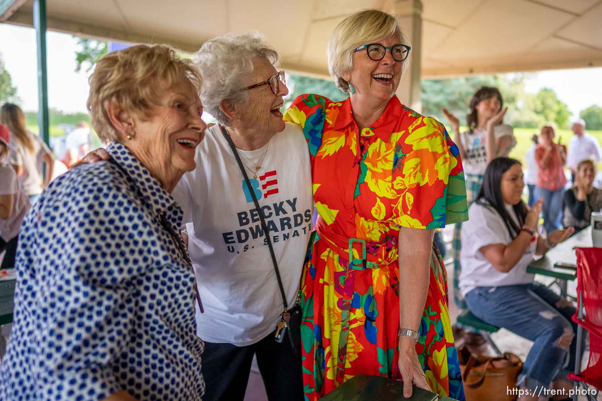 (Trent Nelson  |  The Salt Lake Tribune) Republican U.S. Senate candidate Becky Edwards dances with her mother, Barbara Price, and mother-in-law Patti Edwards (left), at her primary election night party in Salt Lake City's Sugar House Park on Tuesday, June 28, 2022.