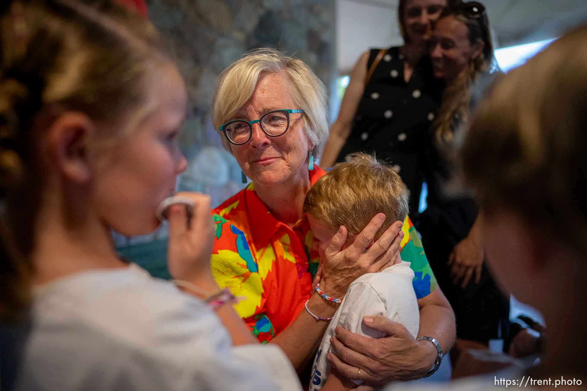 (Trent Nelson  |  The Salt Lake Tribune) Republican U.S. Senate candidate Becky Edwards comforts her grandchild John Jensen at her primary election night party in Salt Lake City's Sugar House Park on Tuesday, June 28, 2022.