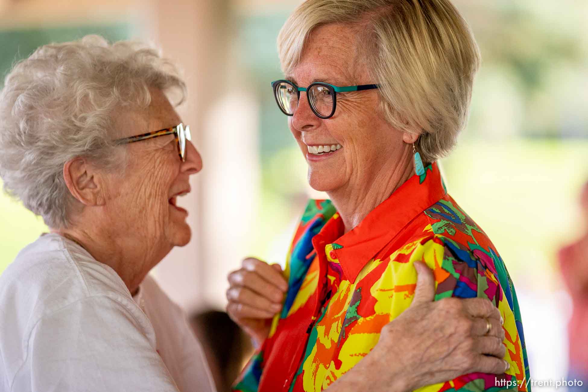 (Trent Nelson  |  The Salt Lake Tribune) Republican U.S. Senate candidate Becky Edwards hugs her mother Barbara Price at her primary election night party in Salt Lake City's Sugar House Park on Tuesday, June 28, 2022.