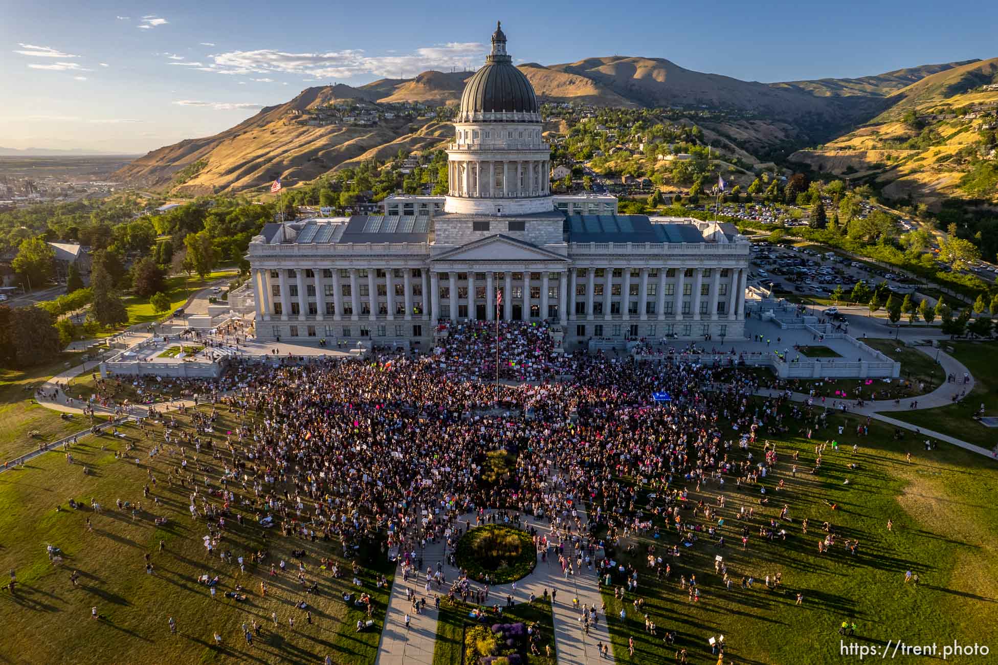 (Trent Nelson  |  The Salt Lake Tribune) People gather at the State Capitol in Salt Lake City to protest after the U.S. Supreme Court overruled Roe v. Wade, on Friday, June 24, 2022.