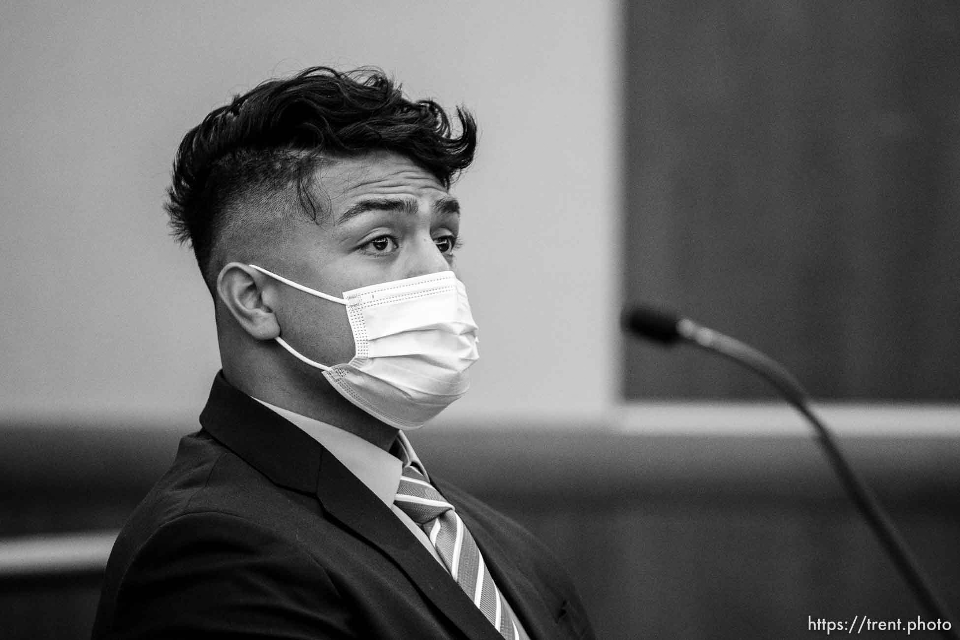 (Trent Nelson  |  The Salt Lake Tribune) Sione Lund, a former University of Utah football player charged with rape, at a preliminary hearing in West Jordan on Thursday, July 28, 2022.