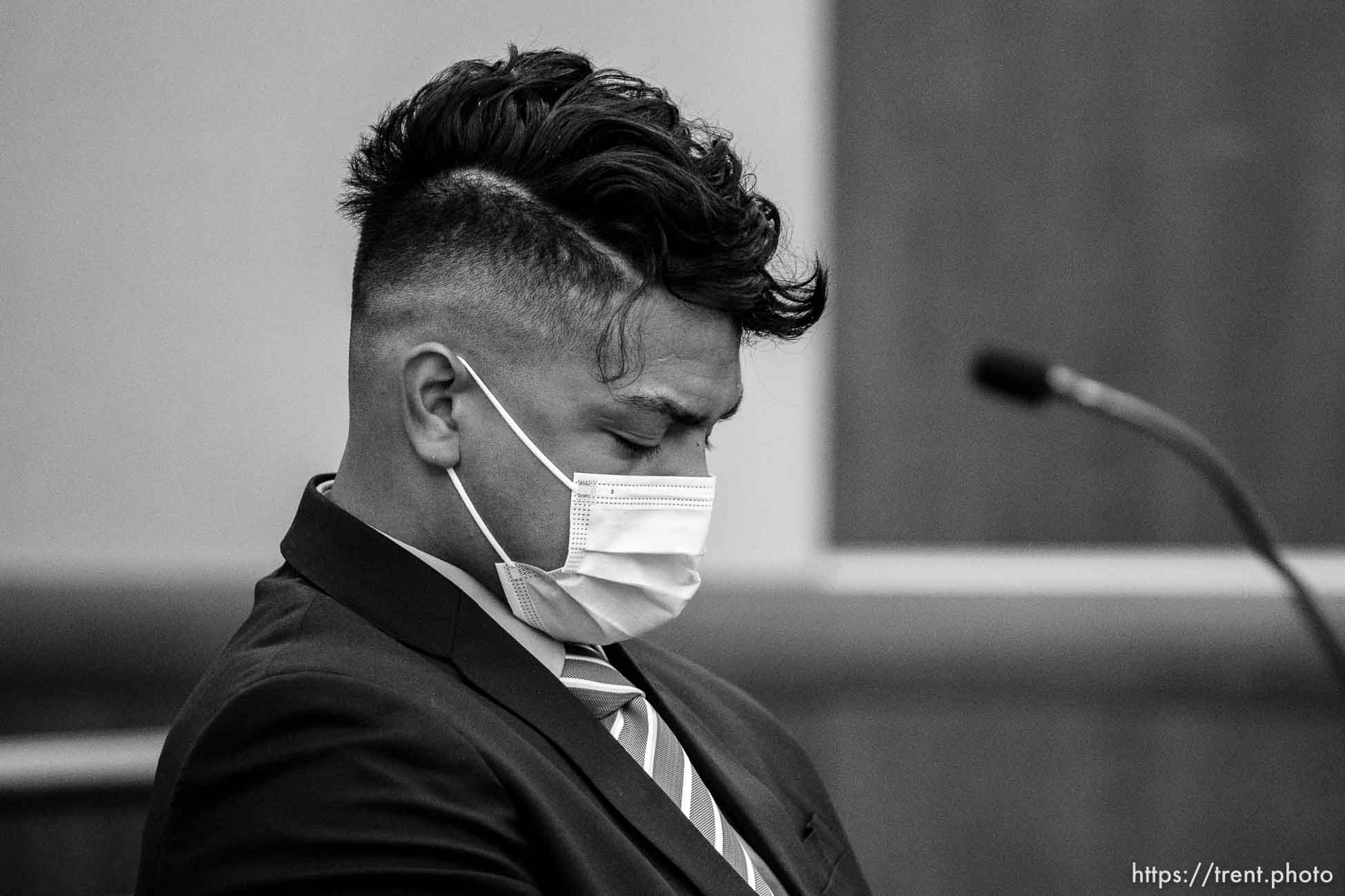 (Trent Nelson  |  The Salt Lake Tribune) Sione Lund, a former University of Utah football player charged with rape, at a preliminary hearing in West Jordan on Thursday, July 28, 2022.