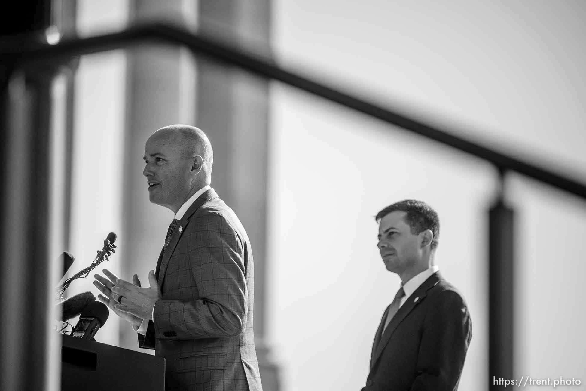 (Trent Nelson  |  The Salt Lake Tribune) Gov. Spencer Cox and Transportation Secretary Pete Buttigieg at a news conference at the State Capitol in Salt Lake City on Friday, July 29, 2022.