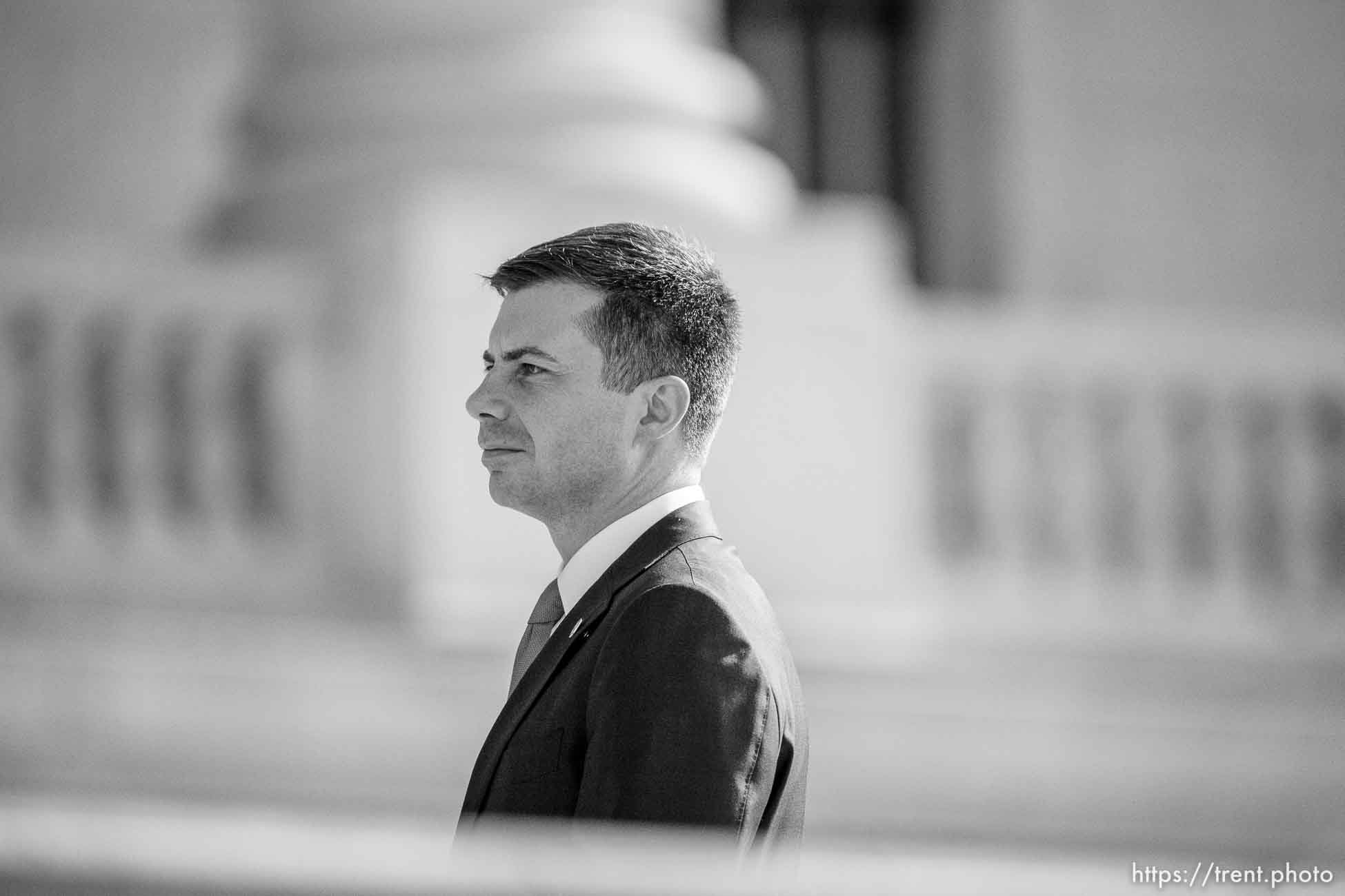 (Trent Nelson  |  The Salt Lake Tribune) Transportation Secretary Pete Buttigieg at a news conference at the State Capitol in Salt Lake City on Friday, July 29, 2022.