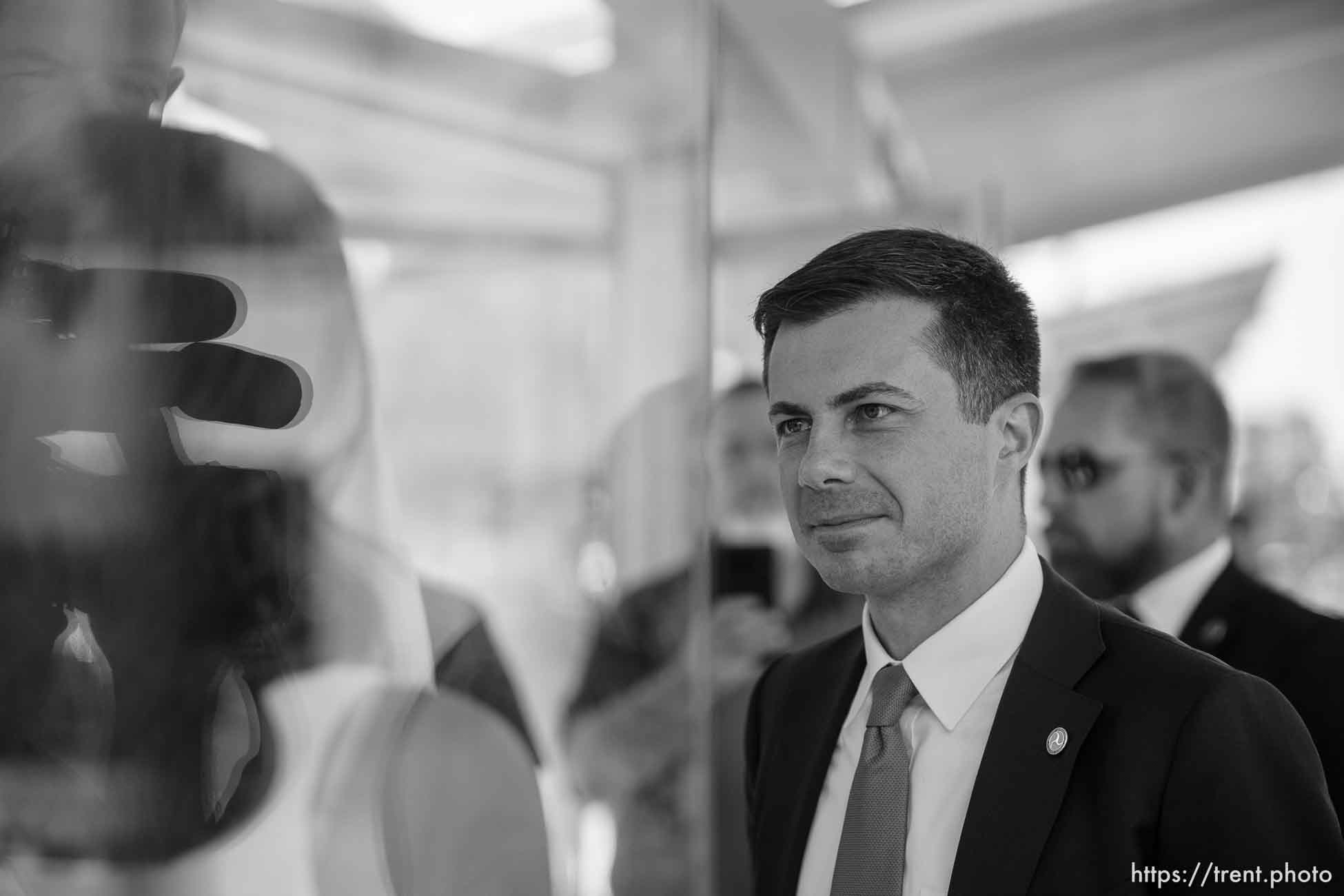 (Trent Nelson  |  The Salt Lake Tribune) Transportation Secretary Pete Buttigieg rides a TRAX train with Salt Lake City Mayor Erin Mendenhall on Friday, July 29, 2022.