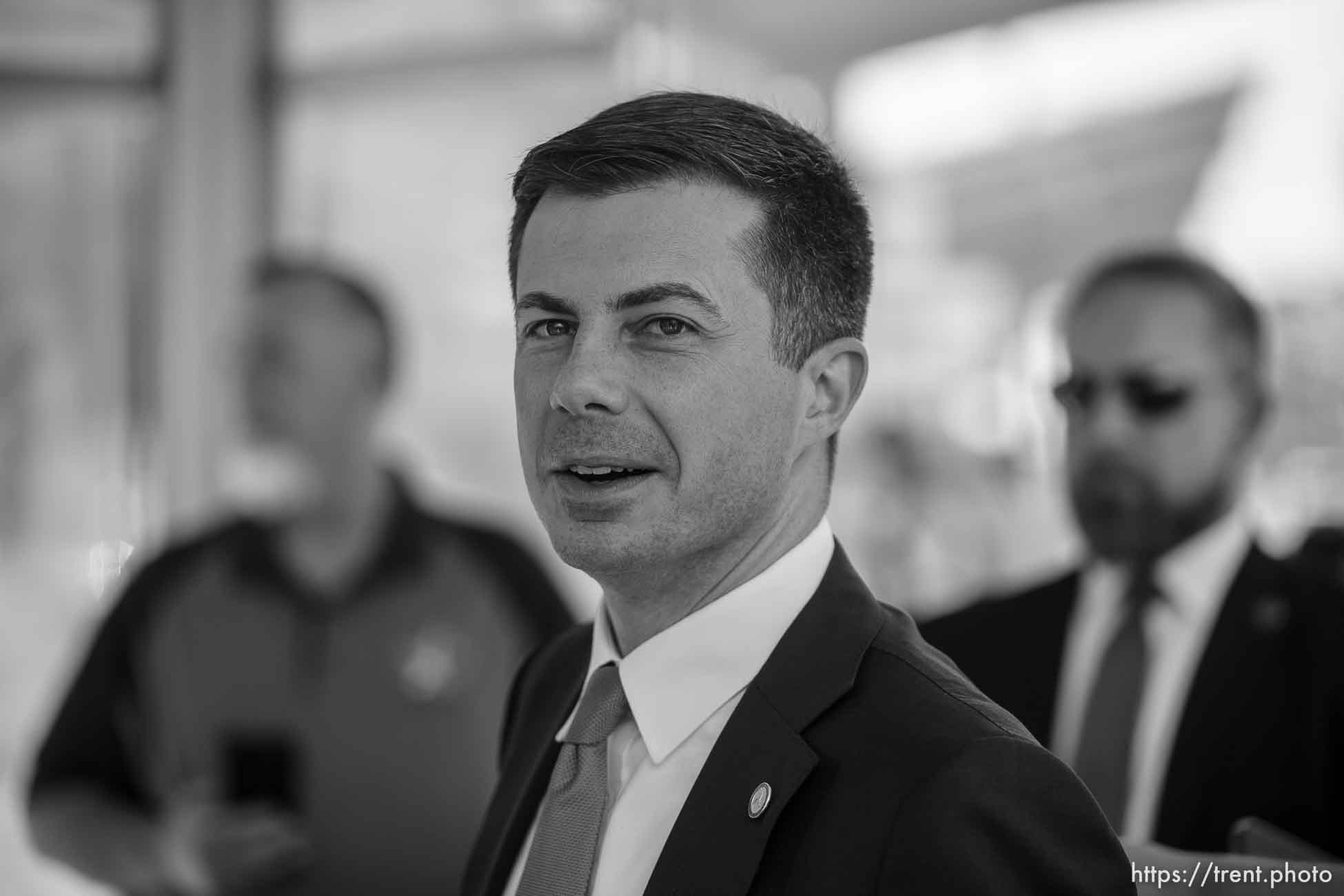 (Trent Nelson  |  The Salt Lake Tribune) Transportation Secretary Pete Buttigieg rides a TRAX train with Salt Lake City Mayor Erin Mendenhall on Friday, July 29, 2022.