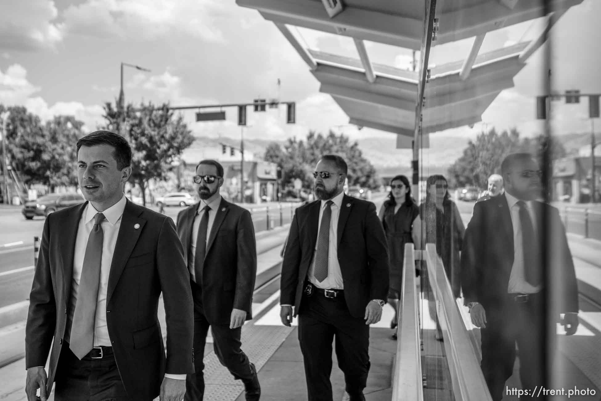 (Trent Nelson  |  The Salt Lake Tribune) Transportation Secretary Pete Buttigieg walks to the Jackson/Euclid station TRAX station in Salt Lake City on Friday, July 29, 2022.