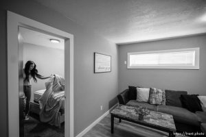 (Trent Nelson  |  The Salt Lake Tribune) Shinia Allred cleans a home she and her husband McKoy rent on Airbnb, in Castle Dale on Monday, Aug. 8, 2022.