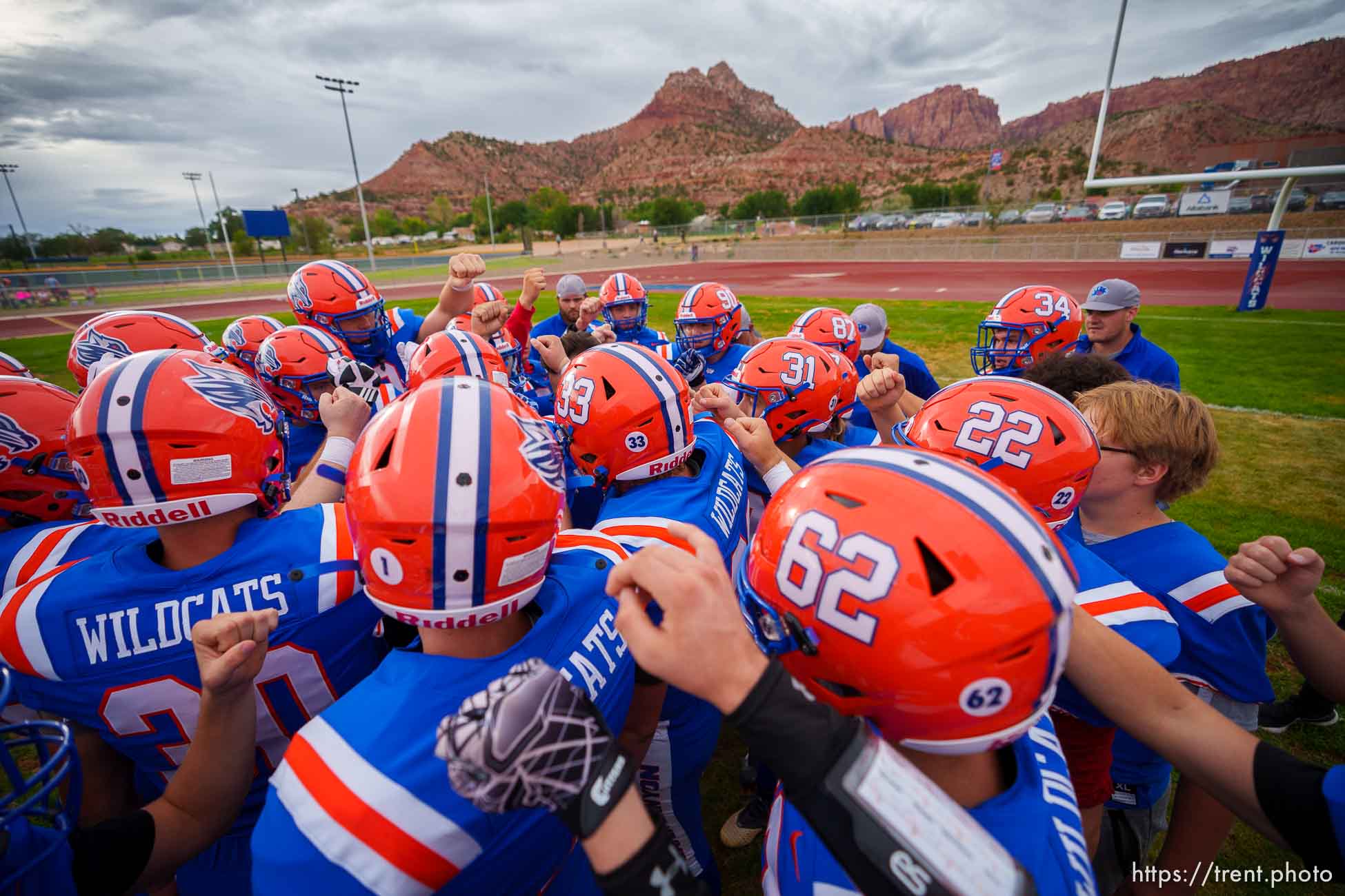 (Trent Nelson  |  The Salt Lake Tribune) Water Canyon High School football players prepare to face Grand County in their school's first football game, in Hildale on Friday, Aug. 12, 2022.