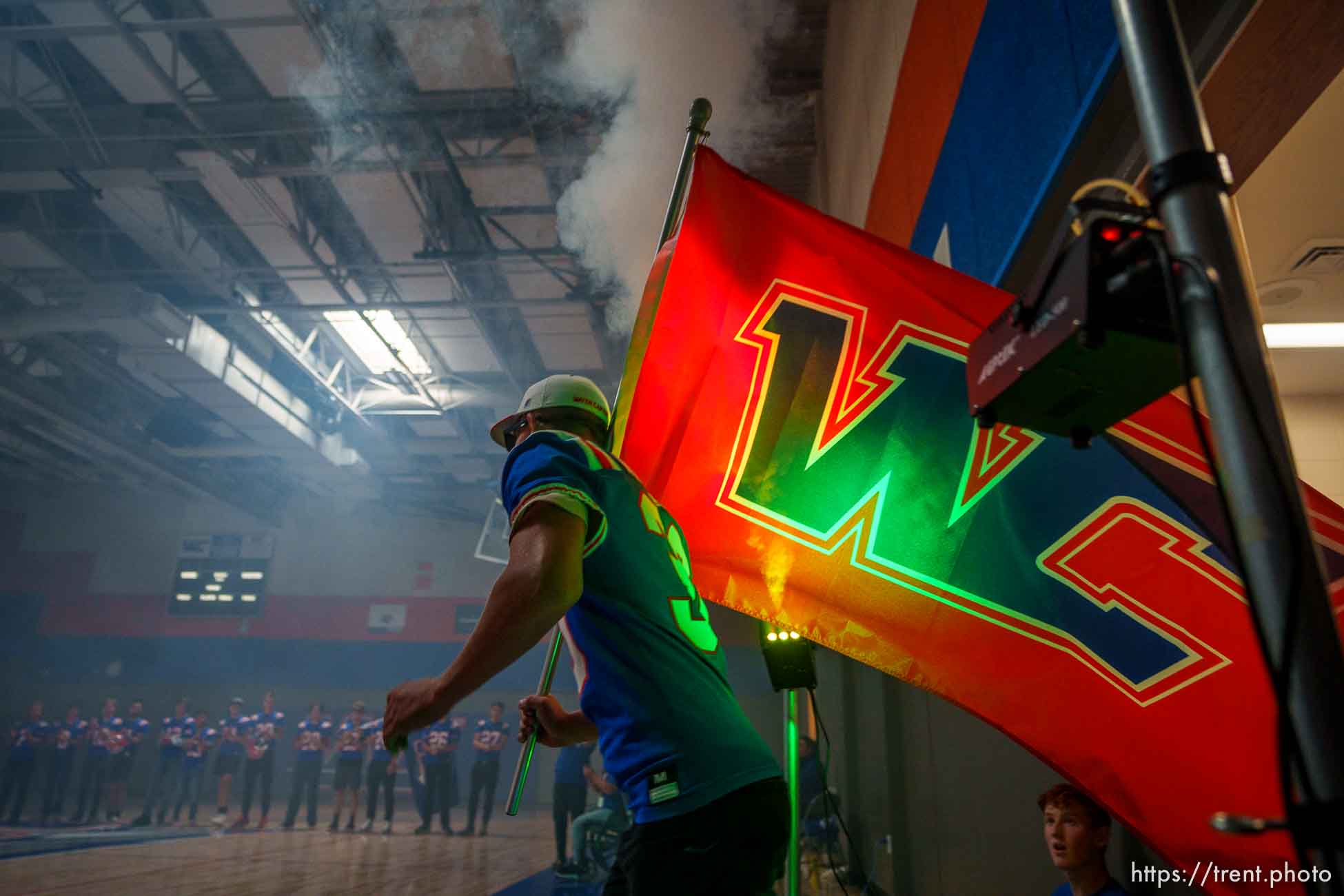 (Trent Nelson  |  The Salt Lake Tribune) Water Canyon High School's Lester Barlow is introduced at a pep rally on the day of the team's first football game, in Hildale on Friday, Aug. 12, 2022.