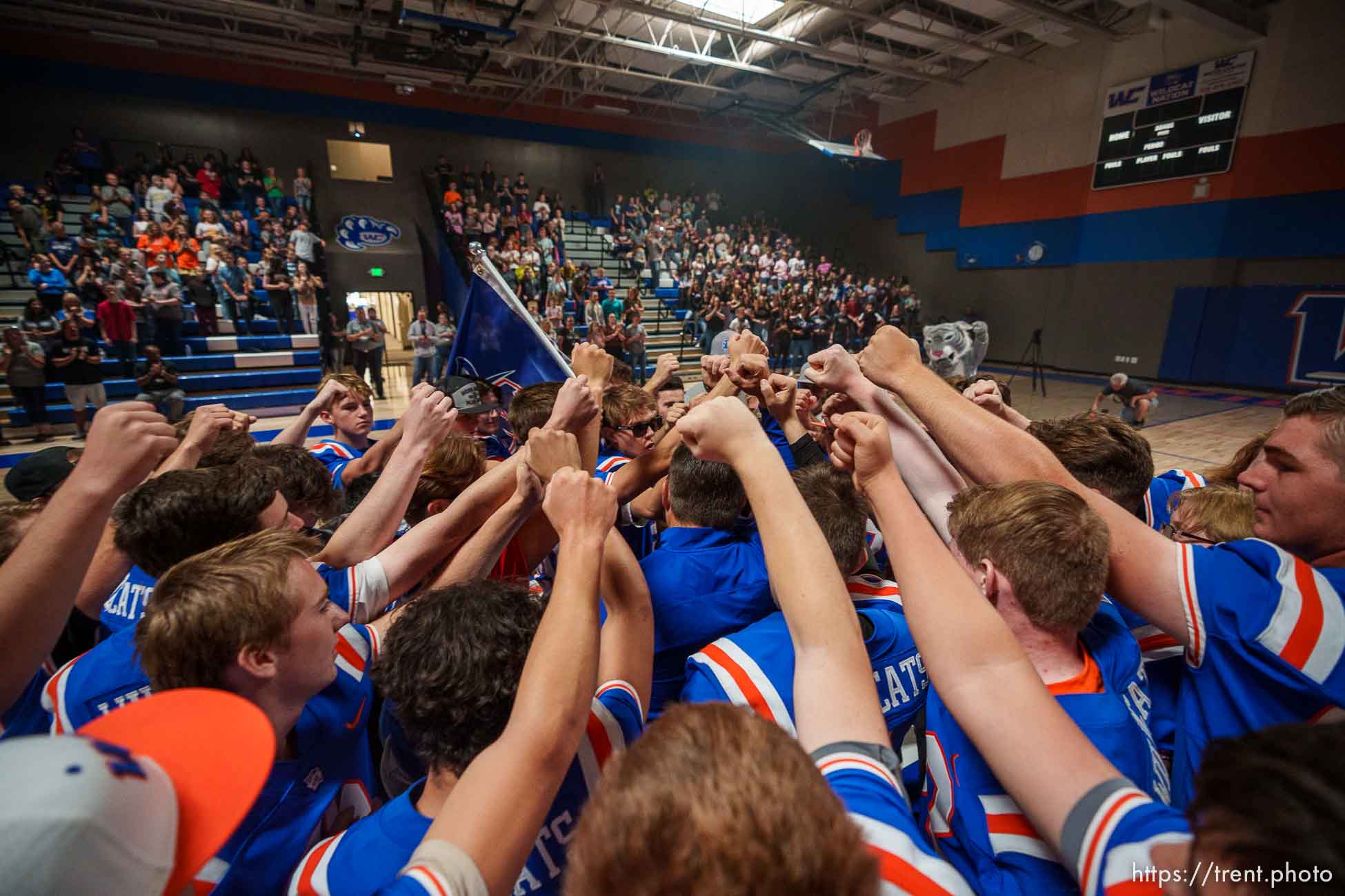 (Trent Nelson  |  The Salt Lake Tribune) The Water Canyon High School football team at a pep rally on the day of the team's first game, in Hildale on Friday, Aug. 12, 2022.