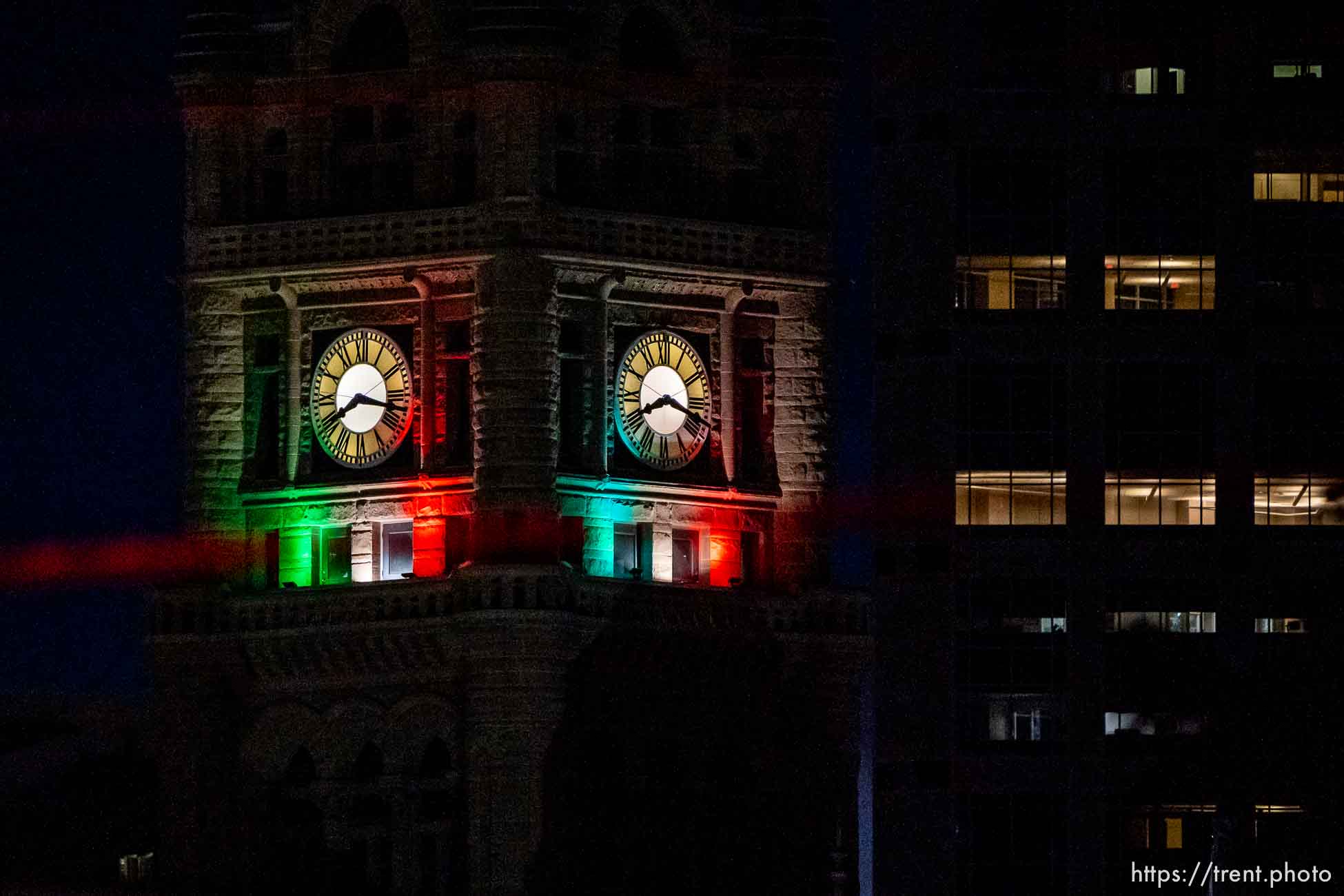 (Trent Nelson  |  The Salt Lake Tribune) City Hall in Salt Lake City is illuminated in the colors of the Mexican Flag on Thursday, Sept. 15, 2022 to commemorate the 212th  Anniversary of the Independence of Mexico and to celebrate Hispanic Heritage Month.