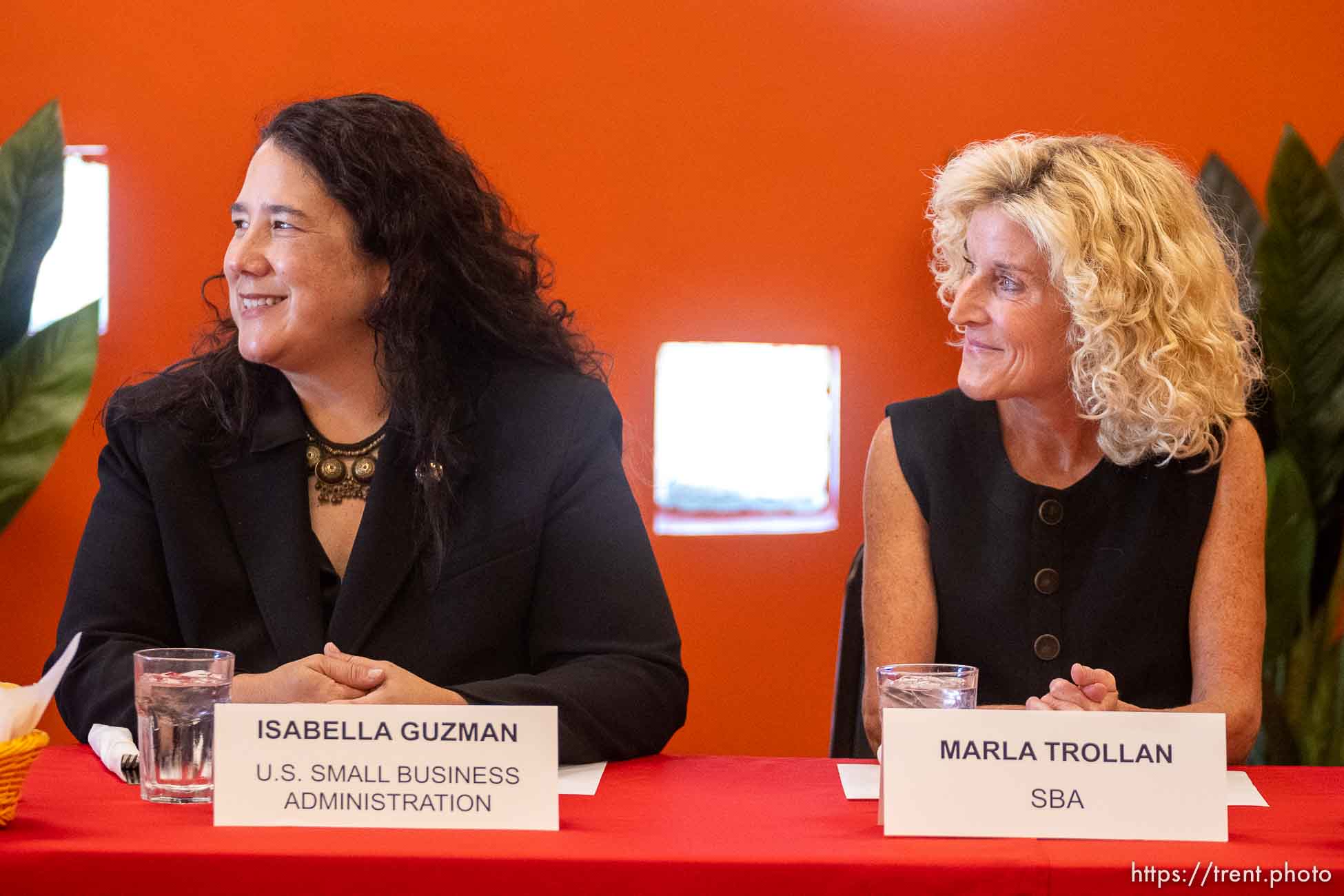 (Trent Nelson  |  The Salt Lake Tribune) Isabella Casillas Guzman, the Small Business Administrator from Joe Biden's Cabinet, hears from local business owners at the Red Tree Room in Salt Lake City on Friday, Sept. 16, 2022. At right is Marla Trollan.