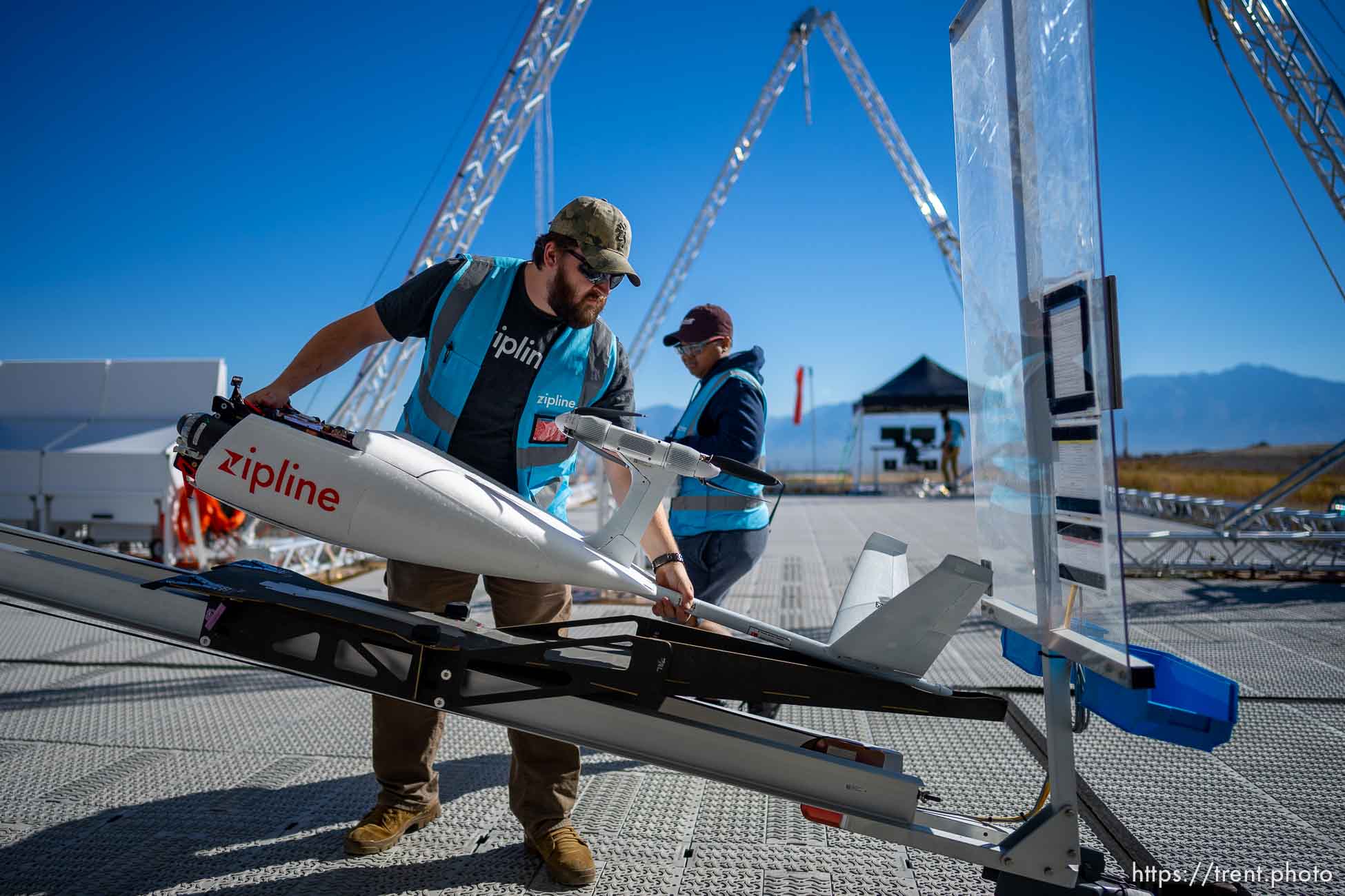 (Trent Nelson  |  The Salt Lake Tribune) Kaleb Stanton and Jada Connor prep a Zipline drone for flight at the company's distribution center in South Jordan on Tuesday, Oct. 4, 2022.