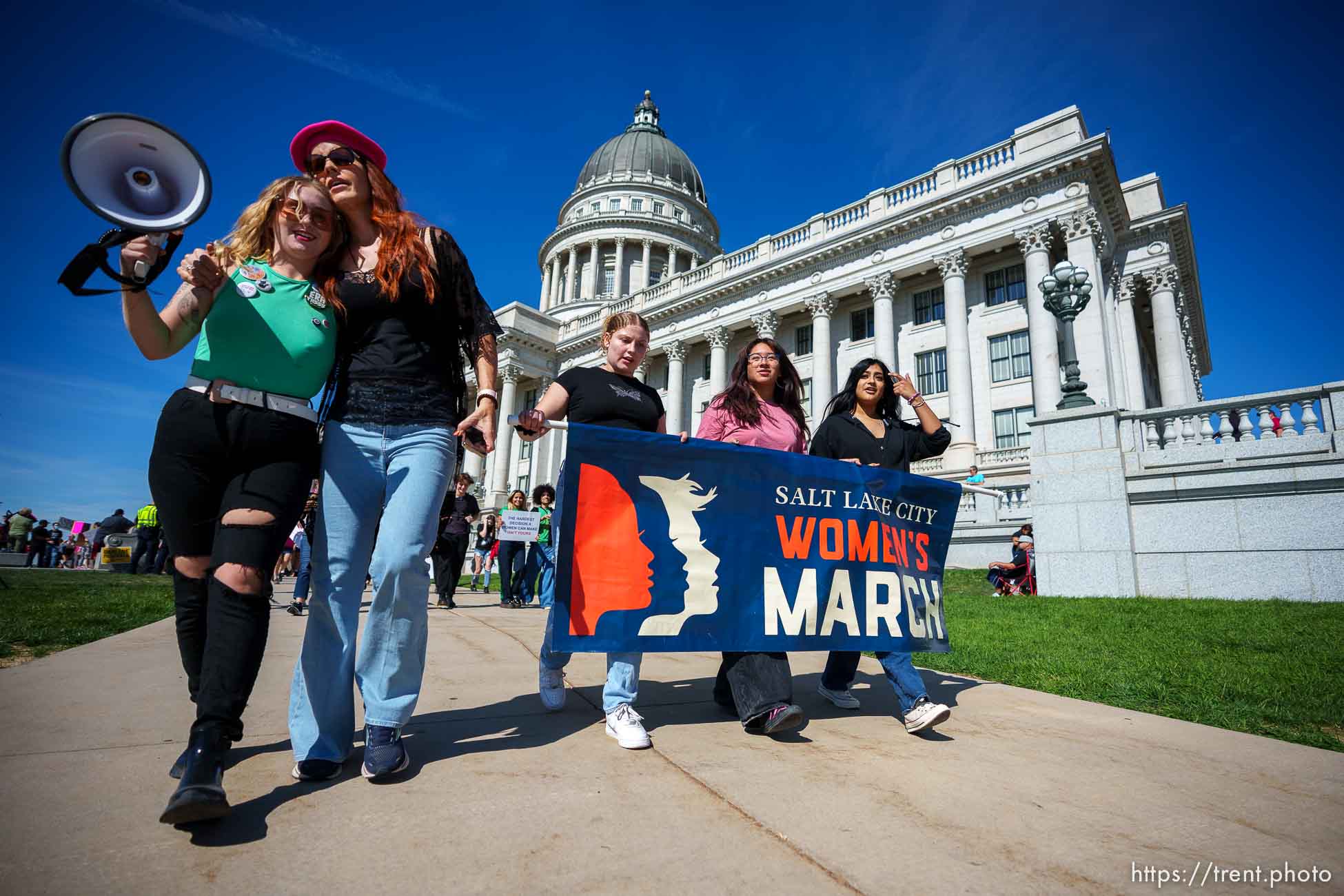 (Trent Nelson  |  The Salt Lake Tribune) People march around the State Capitol in Salt Lake City in support of abortion rights on Saturday, Oct. 8, 2022.