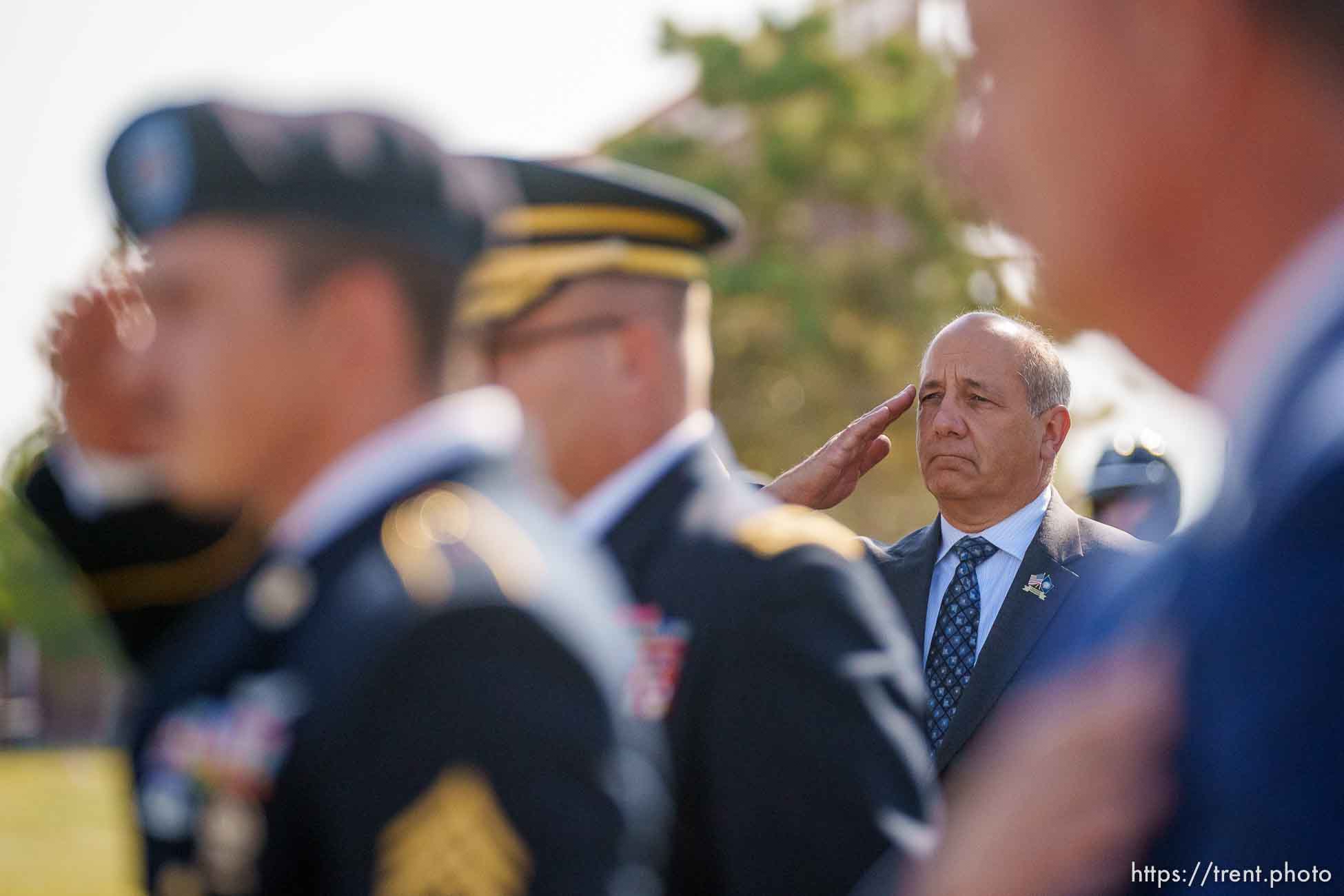 (Trent Nelson  |  The Salt Lake Tribune) 
Gary Harter, executive director of Utah’s Department of Veterans and Military Affairs. Sgt. Elvin Lee Phillips is laid to rest at Utah Veteran’s Cemetery and Memorial Park in Bluffdale on Tuesday, Oct. 11, 2022, almost 80 years after he was killed in action during World War II.