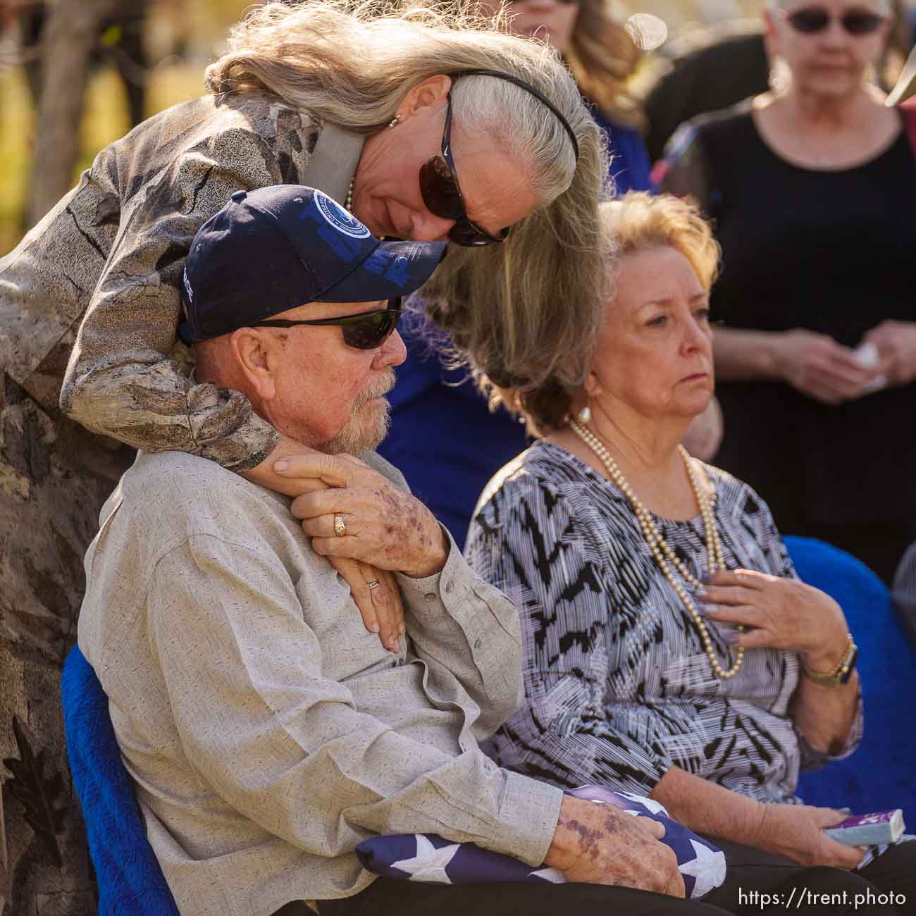 (Trent Nelson  |  The Salt Lake Tribune) Laura Czinski embraces her father, Frank Moe, after Moe's uncle Sgt. Elvin Lee Phillips is laid to rest at Utah Veteran’s Cemetery and Memorial Park in Bluffdale on Tuesday, Oct. 11, 2022, almost 80 years after he was killed in action during World War II.