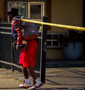 (Trent Nelson  |  The Salt Lake Tribune) Police at the scene of a shooting at Wasatch Inn, on State Street in the Ballpark neighborhood of Salt Lake City on Tuesday, Oct. 11, 2022.