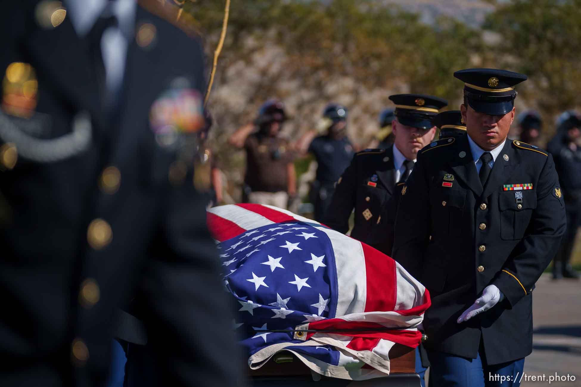 (Trent Nelson  |  The Salt Lake Tribune)  Sgt. Elvin Lee Phillips is laid to rest at Utah Veteran’s Cemetery and Memorial Park in Bluffdale on Tuesday, Oct. 11, 2022, almost 80 years after he was killed in action during World War II.