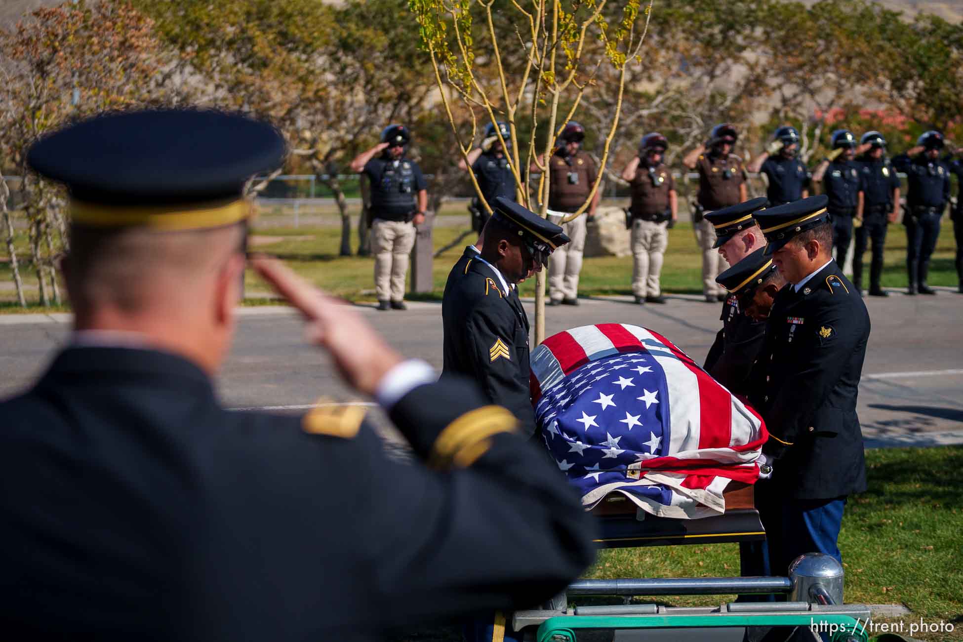 (Trent Nelson  |  The Salt Lake Tribune)  Sgt. Elvin Lee Phillips is laid to rest at Utah Veteran’s Cemetery and Memorial Park in Bluffdale on Tuesday, Oct. 11, 2022, almost 80 years after he was killed in action during World War II.