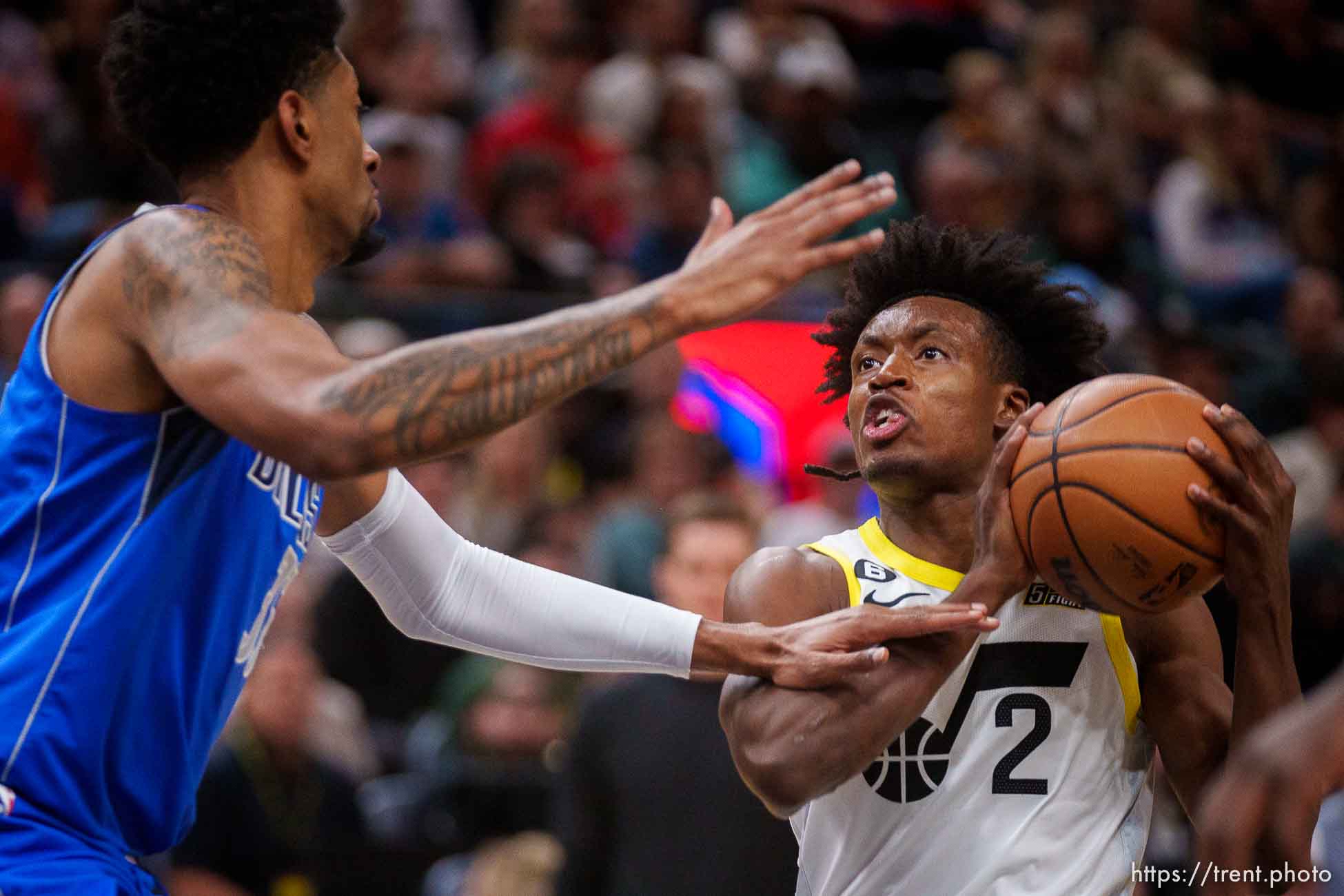 (Trent Nelson  |  The Salt Lake Tribune) Utah Jazz guard Collin Sexton (2) defended by Dallas Mavericks center Christian Wood (35) as the Utah Jazz host the Dallas Mavericks, NBA preseason basketball in Salt Lake City on Friday, Oct. 14, 2022.