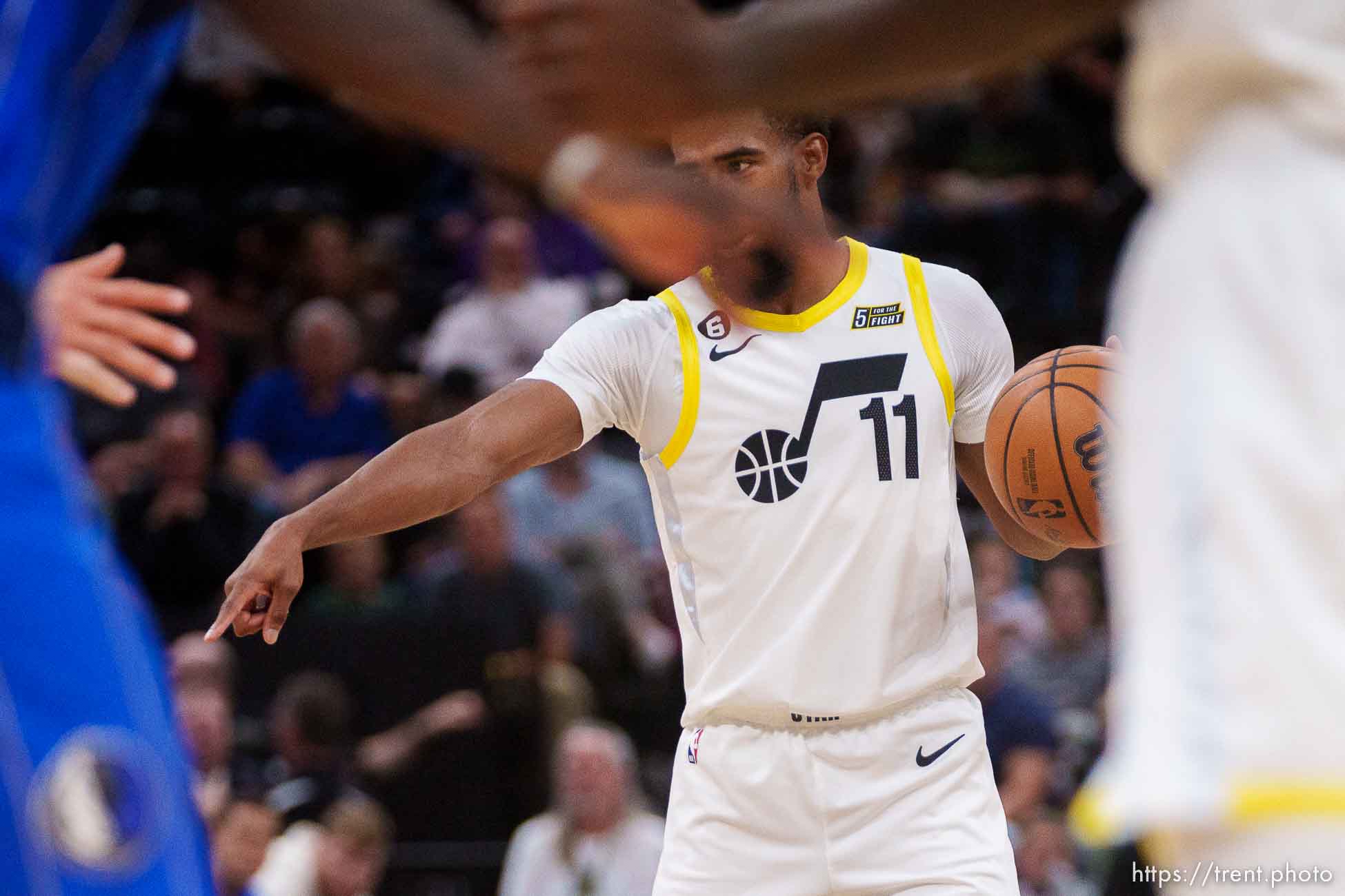 (Trent Nelson  |  The Salt Lake Tribune) Utah Jazz guard Mike Conley (11) as the Utah Jazz host the Dallas Mavericks, NBA preseason basketball in Salt Lake City on Friday, Oct. 14, 2022.