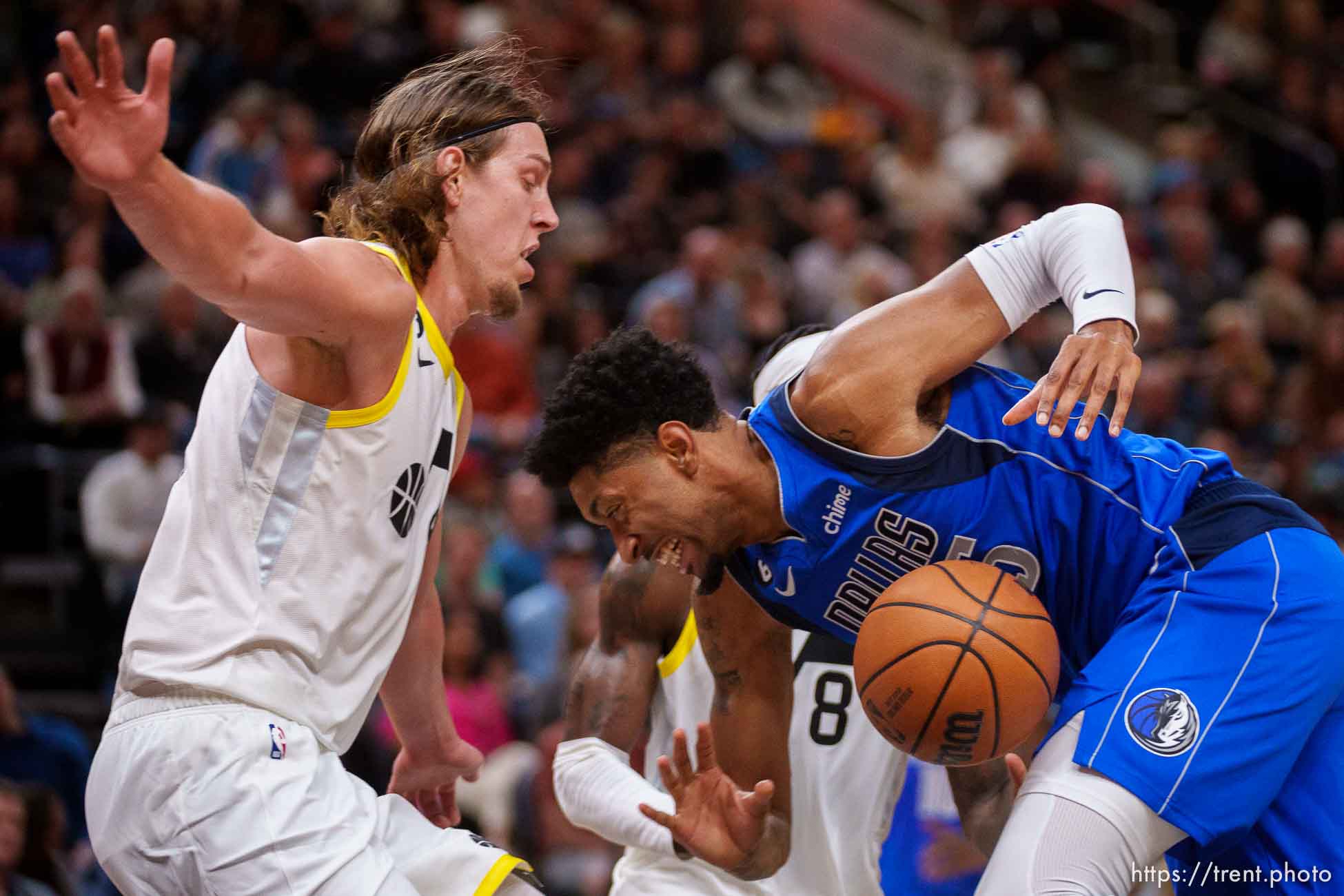 (Trent Nelson  |  The Salt Lake Tribune) Dallas Mavericks center Christian Wood (35), Utah Jazz forward Kelly Olynyk (41) as the Utah Jazz host the Dallas Mavericks, NBA preseason basketball in Salt Lake City on Friday, Oct. 14, 2022.