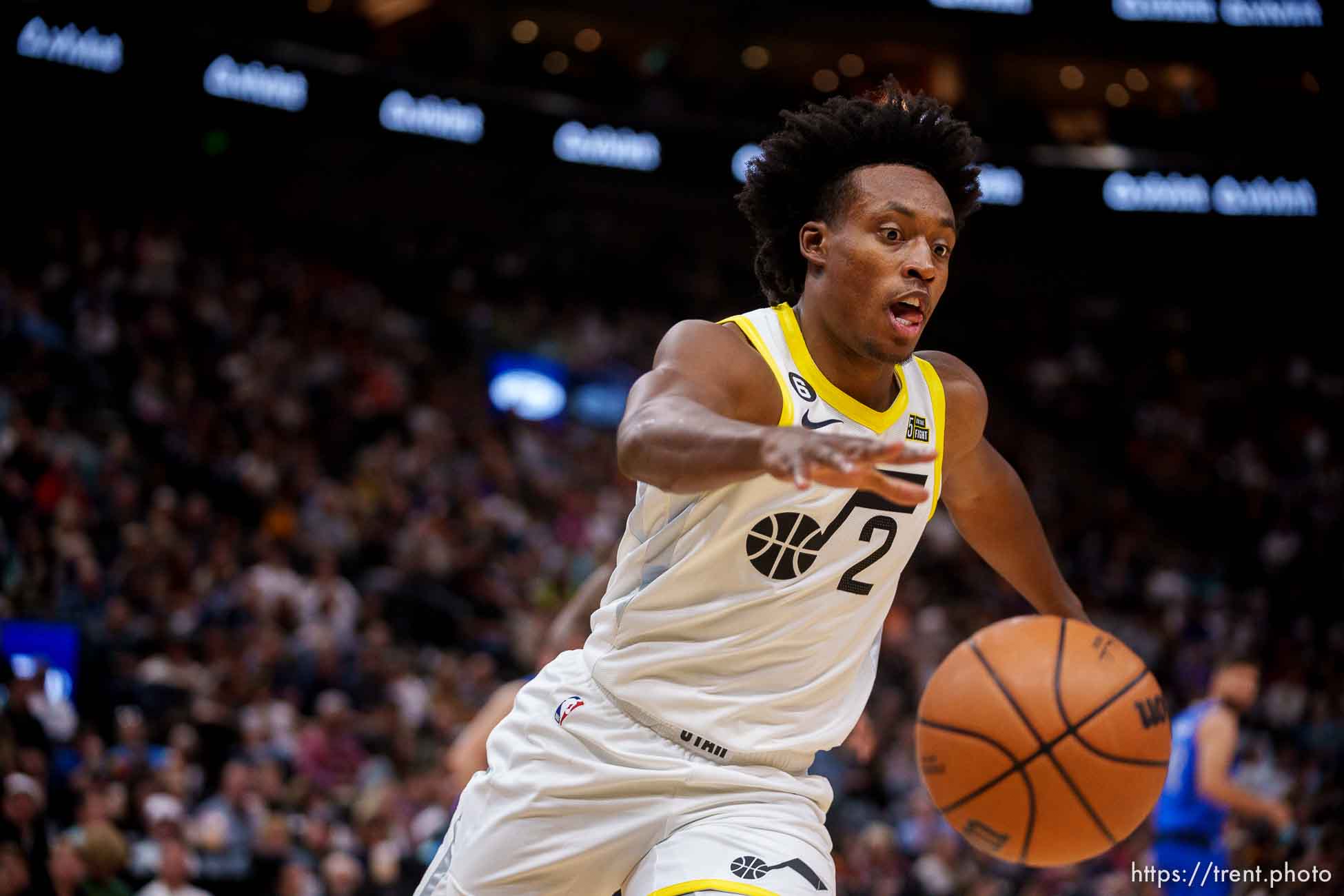 (Trent Nelson  |  The Salt Lake Tribune) Utah Jazz guard Collin Sexton (2) as the Utah Jazz host the Dallas Mavericks, NBA preseason basketball in Salt Lake City on Friday, Oct. 14, 2022.