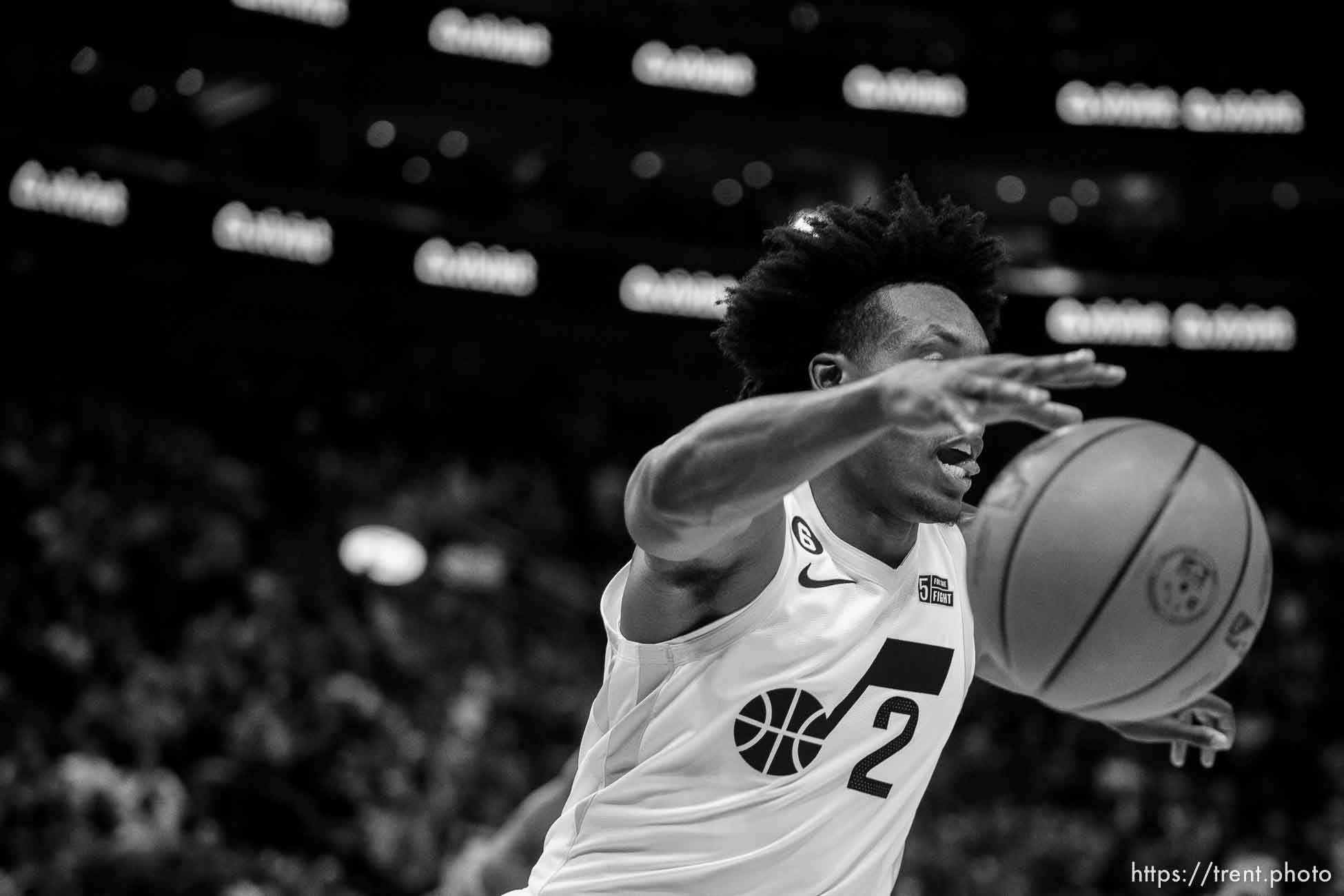 (Trent Nelson  |  The Salt Lake Tribune) Utah Jazz guard Collin Sexton (2) as the Utah Jazz host the Dallas Mavericks, NBA preseason basketball in Salt Lake City on Friday, Oct. 14, 2022.