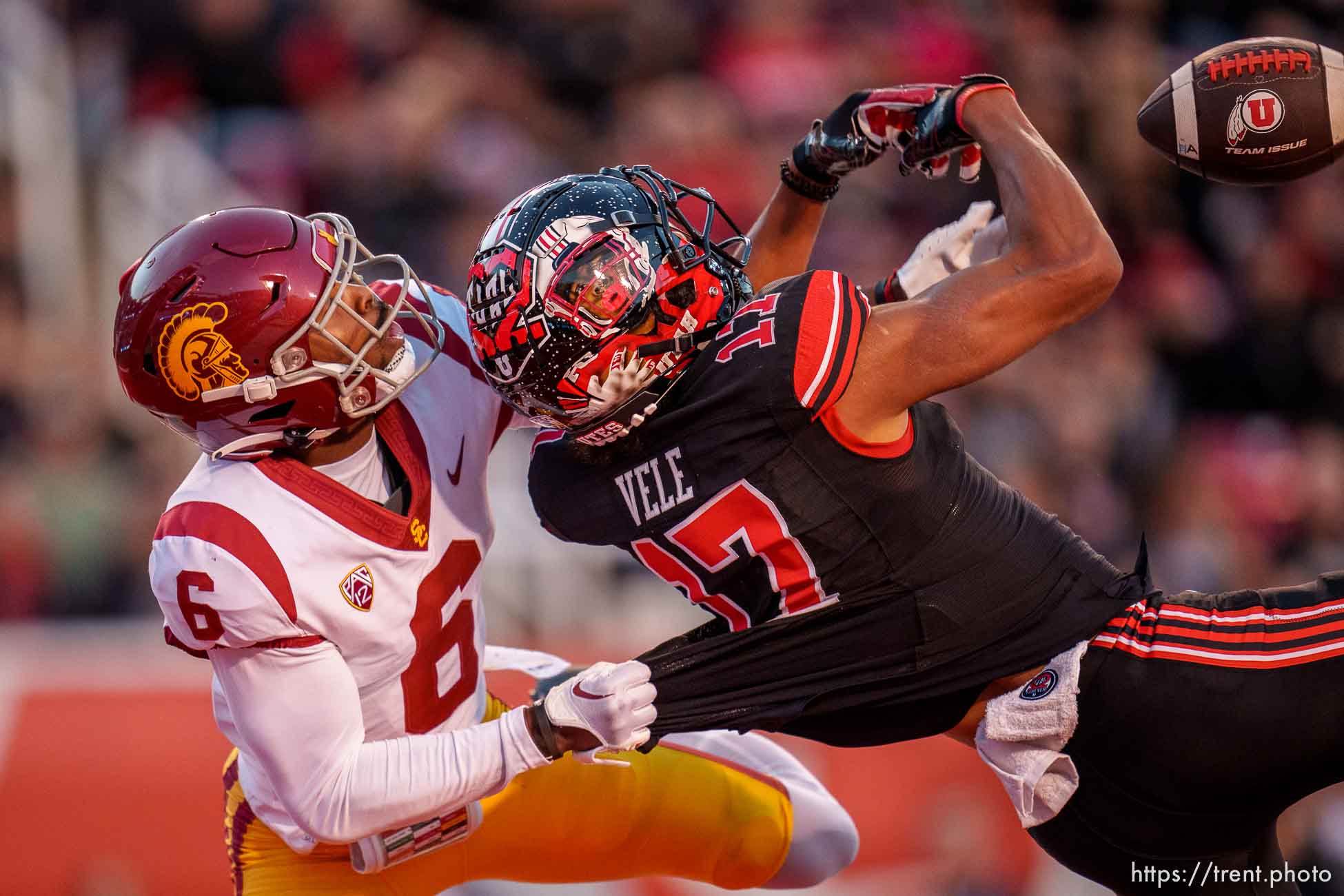 (Trent Nelson  |  The Salt Lake Tribune) Utah Utes wide receiver Devaughn Vele (17) loses control of a pass in the end zone, defended by USC Trojans defensive back Mekhi Blackmon (6) as the University of Utah hosts USC, NCAA football in Salt Lake City on Saturday, Oct. 15, 2022.