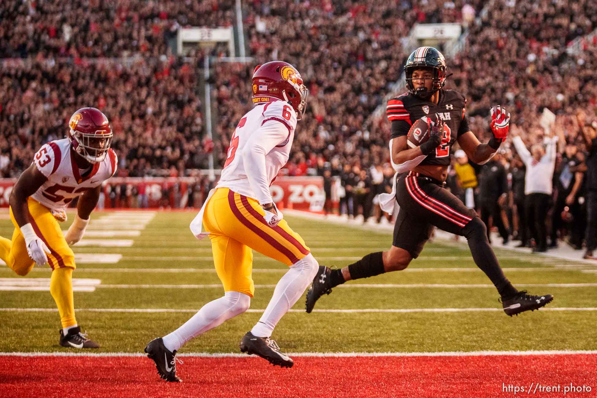 i(Trent Nelson  |  The Salt Lake Tribune) Utah Utes running back Micah Bernard (2) runs for a touchdown as the University of Utah hosts USC, NCAA football in Salt Lake City on Saturday, Oct. 15, 2022.