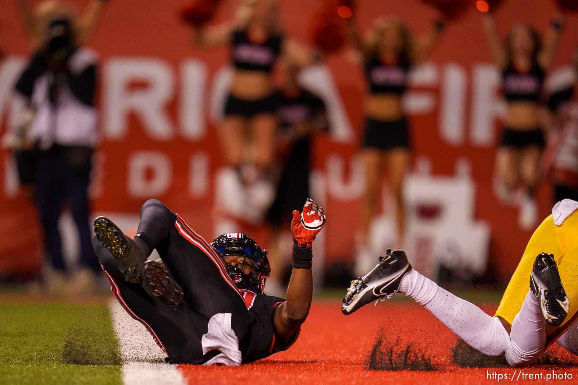 (Trent Nelson  |  The Salt Lake Tribune) Utah Utes wide receiver Money Parks (10) slides into the end zone after catching a pass as the University of Utah hosts USC, NCAA football in Salt Lake City on Saturday, Oct. 15, 2022.