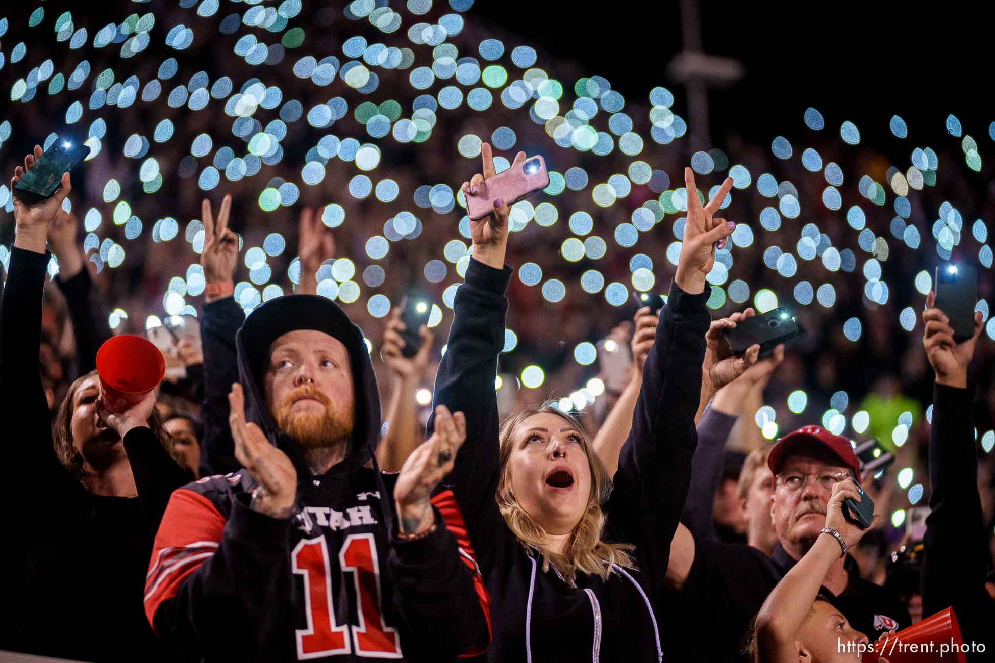 (Trent Nelson  |  The Salt Lake Tribune) Utah fans during the Moment of Loudness, as the University of Utah hosts USC, NCAA football in Salt Lake City on Saturday, Oct. 15, 2022.