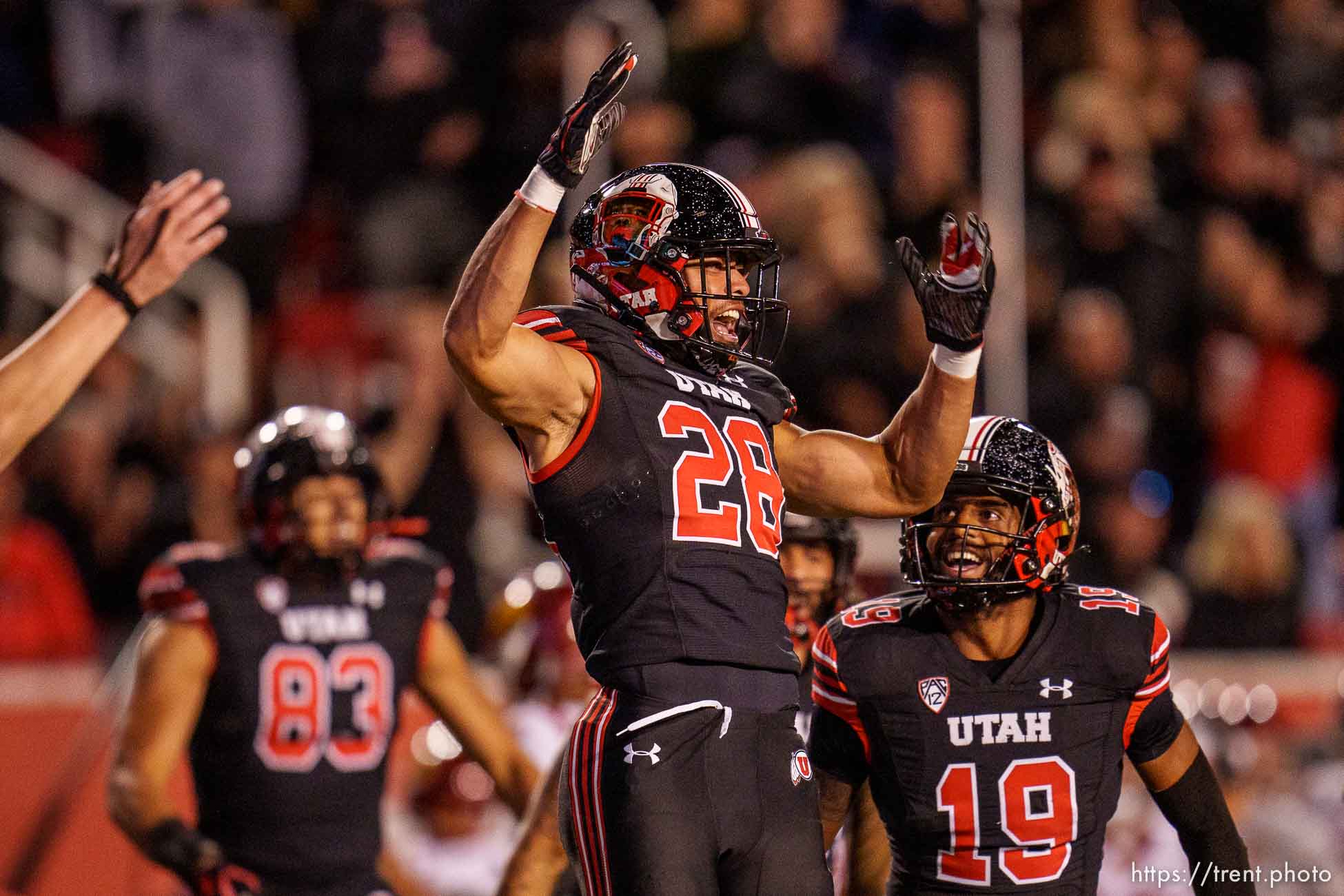 (Trent Nelson  |  The Salt Lake Tribune) Utah Utes safety Sione Vaki (28) celebrates a stop on a kick return as the University of Utah hosts USC, NCAA football in Salt Lake City on Saturday, Oct. 15, 2022.