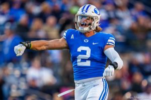 (Trent Nelson  |  The Salt Lake Tribune) Brigham Young Cougars linebacker Ben Bywater (2) as BYU hosts East Carolina, NCAA football in Provo on Friday, Oct. 28, 2022.