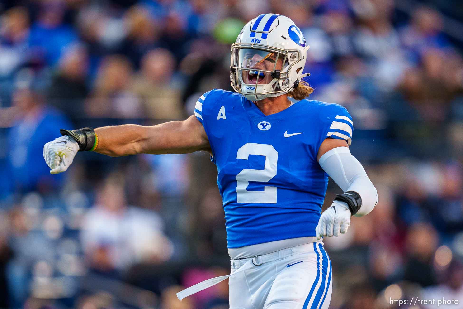 (Trent Nelson  |  The Salt Lake Tribune) Brigham Young Cougars linebacker Ben Bywater (2) as BYU hosts East Carolina, NCAA football in Provo on Friday, Oct. 28, 2022.