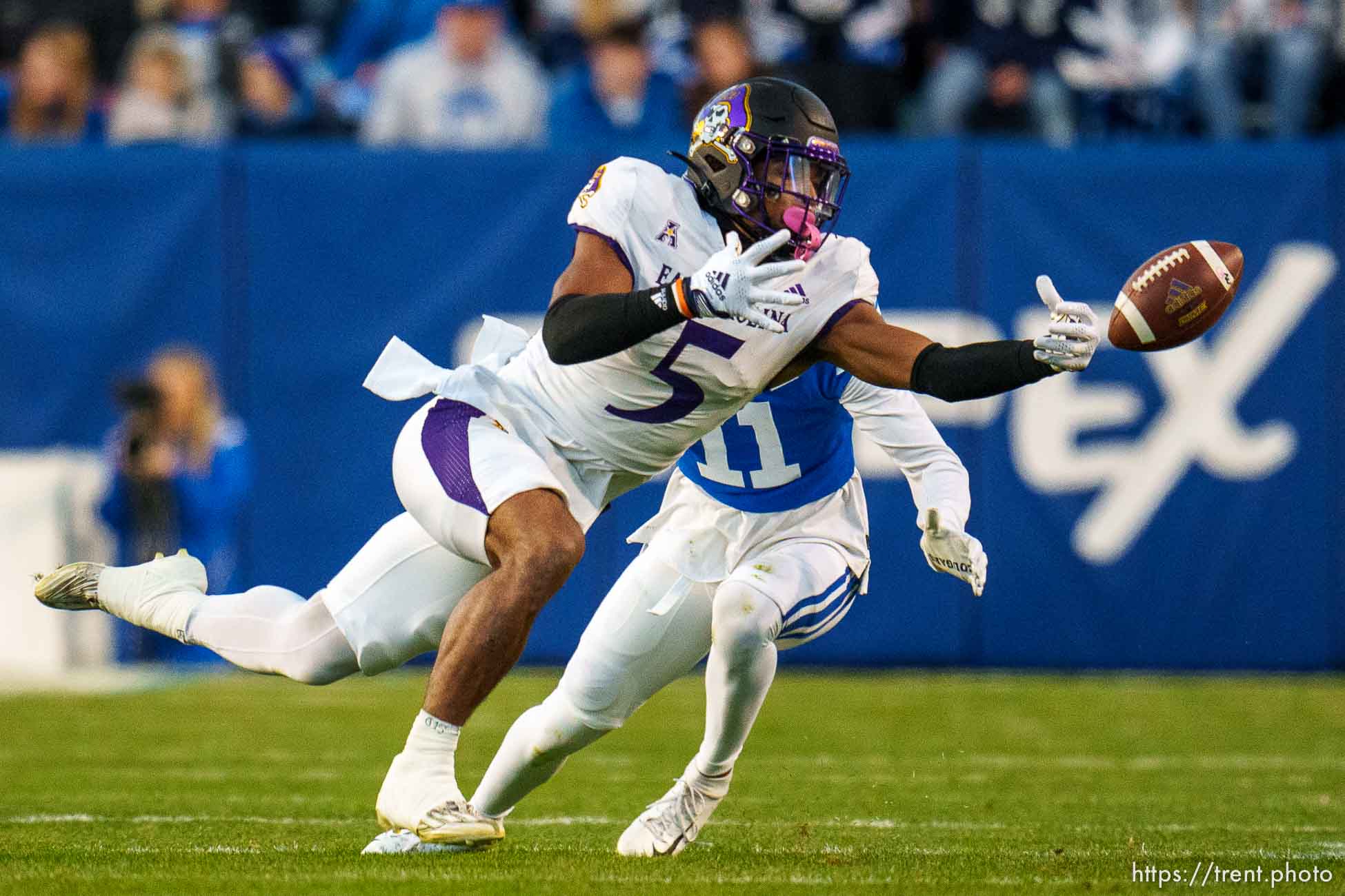 (Trent Nelson  |  The Salt Lake Tribune) East Carolina Pirates wide receiver C.J. Johnson (5) as BYU hosts East Carolina, NCAA football in Provo on Friday, Oct. 28, 2022.