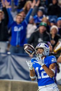 (Trent Nelson  |  The Salt Lake Tribune) Brigham Young Cougars wide receiver Puka Nacua (12) pulls in a touchdown pass as BYU hosts East Carolina, NCAA football in Provo on Friday, Oct. 28, 2022.