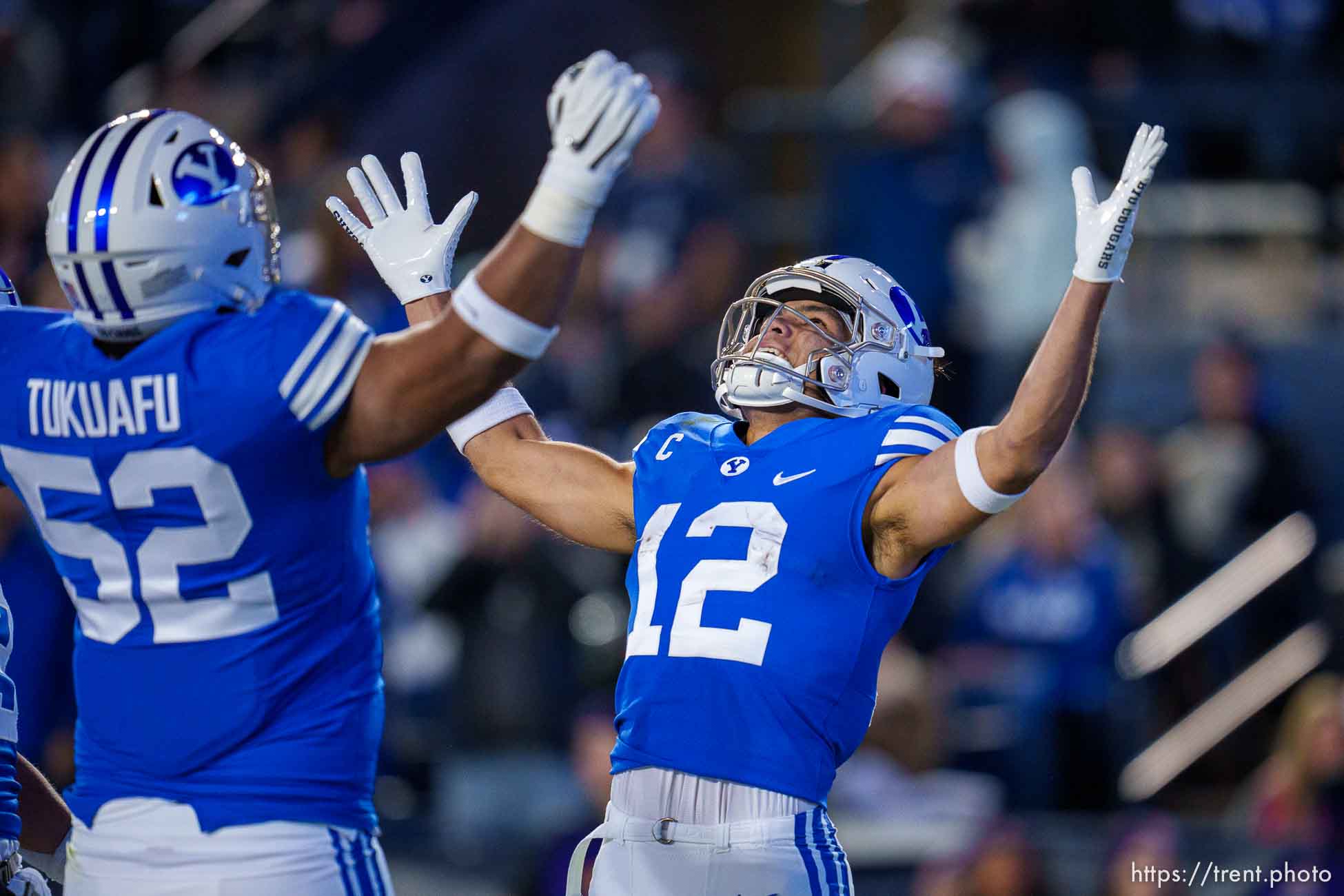 (Trent Nelson  |  The Salt Lake Tribune) Brigham Young Cougars wide receiver Puka Nacua (12) celebrates a touchdown as BYU hosts East Carolina, NCAA football in Provo on Friday, Oct. 28, 2022.