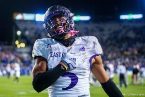 (Trent Nelson  |  The Salt Lake Tribune) East Carolina Pirates wide receiver C.J. Johnson (5) as BYU hosts East Carolina, NCAA football in Provo on Friday, Oct. 28, 2022.