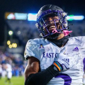 (Trent Nelson  |  The Salt Lake Tribune) East Carolina Pirates wide receiver C.J. Johnson (5) as BYU hosts East Carolina, NCAA football in Provo on Friday, Oct. 28, 2022.