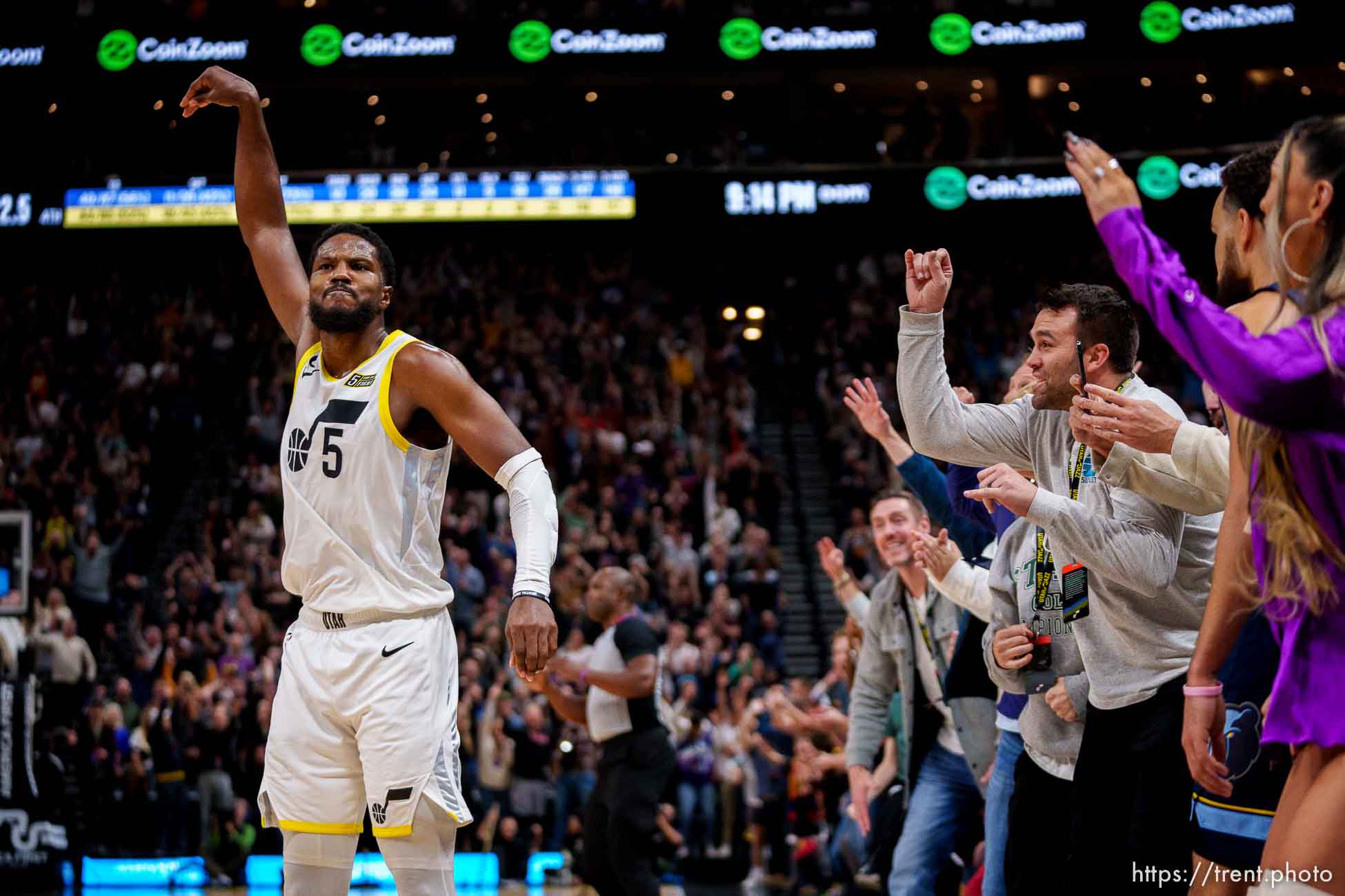 (Trent Nelson  |  The Salt Lake Tribune) Utah Jazz guard Malik Beasley (5) celebrates a three-pointer to put the Jazz up by four with 22.5 seconds remaining, as the Utah Jazz host the Memphis Grizzlies, NBA basketball in Salt Lake City on Saturday, Oct. 29, 2022.