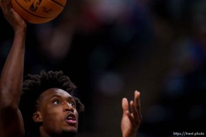 (Trent Nelson  |  The Salt Lake Tribune) Utah Jazz guard Collin Sexton (2) warms up as the Utah Jazz host the Memphis Grizzlies, NBA basketball in Salt Lake City on Saturday, Oct. 29, 2022.