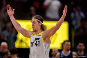 (Trent Nelson  |  The Salt Lake Tribune) Utah's Kelly Olynyk celebrates a three-pointer in the fourth quarter as the Utah Jazz host the Memphis Grizzlies, NBA basketball in Salt Lake City on Saturday, Oct. 29, 2022.