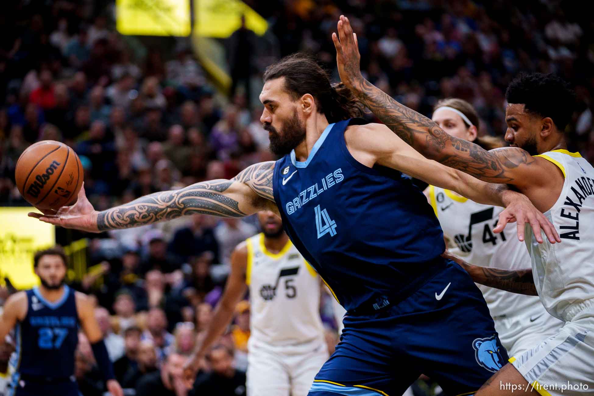 (Trent Nelson  |  The Salt Lake Tribune) Memphis Grizzlies center Steven Adams (4)m pulls in a rebound as the Utah Jazz host the Memphis Grizzlies, NBA basketball in Salt Lake City on Saturday, Oct. 29, 2022.